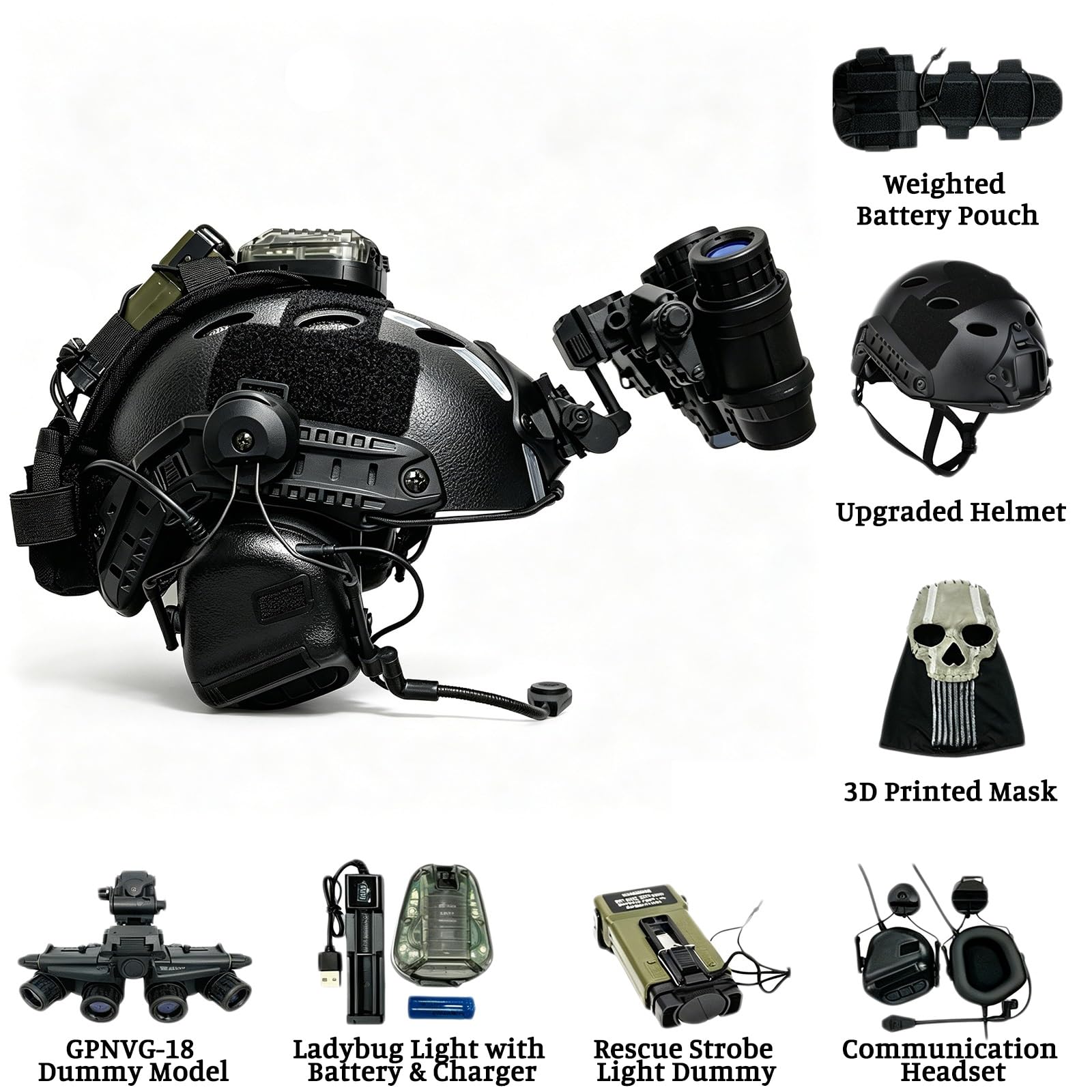 Set Casco Airsoft Ghost Skull con Cuffie, Modello NVG e Luce Coccinella, Set Tattico Completo per Airsoft, Cosplay e Esterno