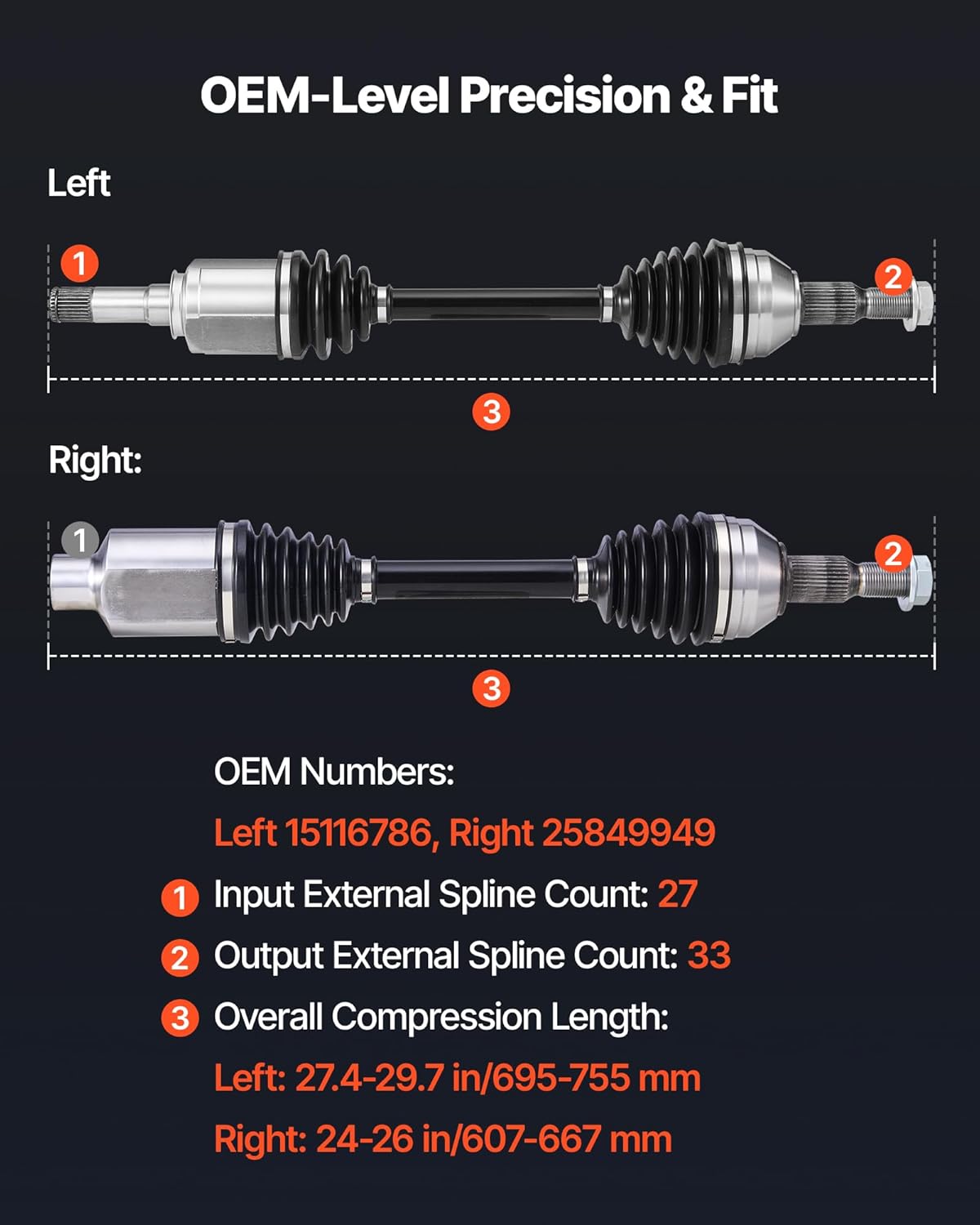 VEVOR CV Axle Shaft Assembly, 2 Pieces Front Left & Right (Driver and Passenger Side), Automotive Replacement Joint Axles Pair Compatible with 2009-2017 Chevrolet Traverse, Alloy Steel & Carbon Steel
