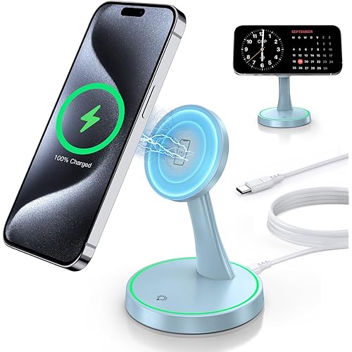 Magnetic Wireless Charger Stand 15W Fast Mag-Safe Charger for iPhone 17 /17 pro/ 17 Air/ 17 pro max 16/15/14/13/12 Series Magnet Wireless Charging Station/Pad with Sleep-Friendly Light for AirPods