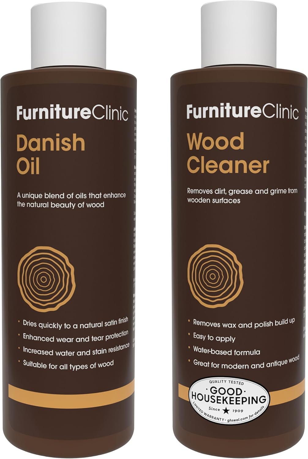 Furniture Clinic 250ml Danish Oil + 250ml Wood Cleaner | Wood Oil & Cleaner for Furniture | Restore, Seal & Protect Oak, Pine, Teak & More | Non-Toxic Satin Finish | Repel Water, Stains, & Dirt