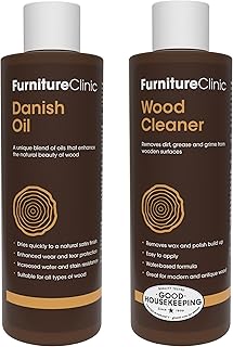 Furniture Clinic 250ml Danish Oil + 250ml Wood Cleaner | Wood Oil & Cleaner for Furniture | Restore, Seal & Protect Oak, Pine, Teak & More | Non-Toxic Satin Finish | Repel Water, Stains, & Dirt