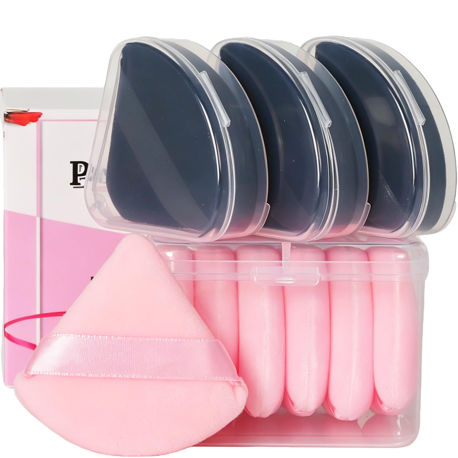Ocim 10 esponjas triangulares para polvo facial, esponja de terciopelo suave con funda, negro y rosa