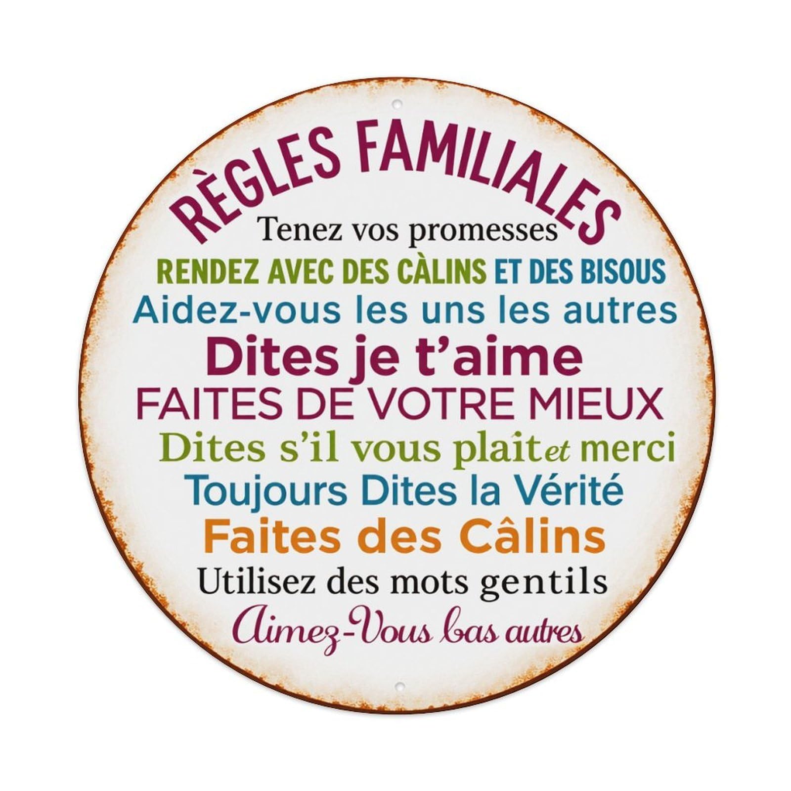 Wmlzdnwr Vintage Family Rules Keep Your Promises Greet With Hugs Round Tin Sign,Retro Wall Art,Metal Poster For Home, Bar, Garage, Cafe, Rustic Indoor & Outdoor Decor, 8X8 Inches