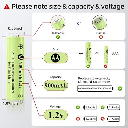 Miniatura 3 de Batería recargable AA de 1.2 V Ni-MH, doble A 900 mAh 1.2 V batería recargable precargada, alta capacidad para paisajismo de jardín, luz solar al