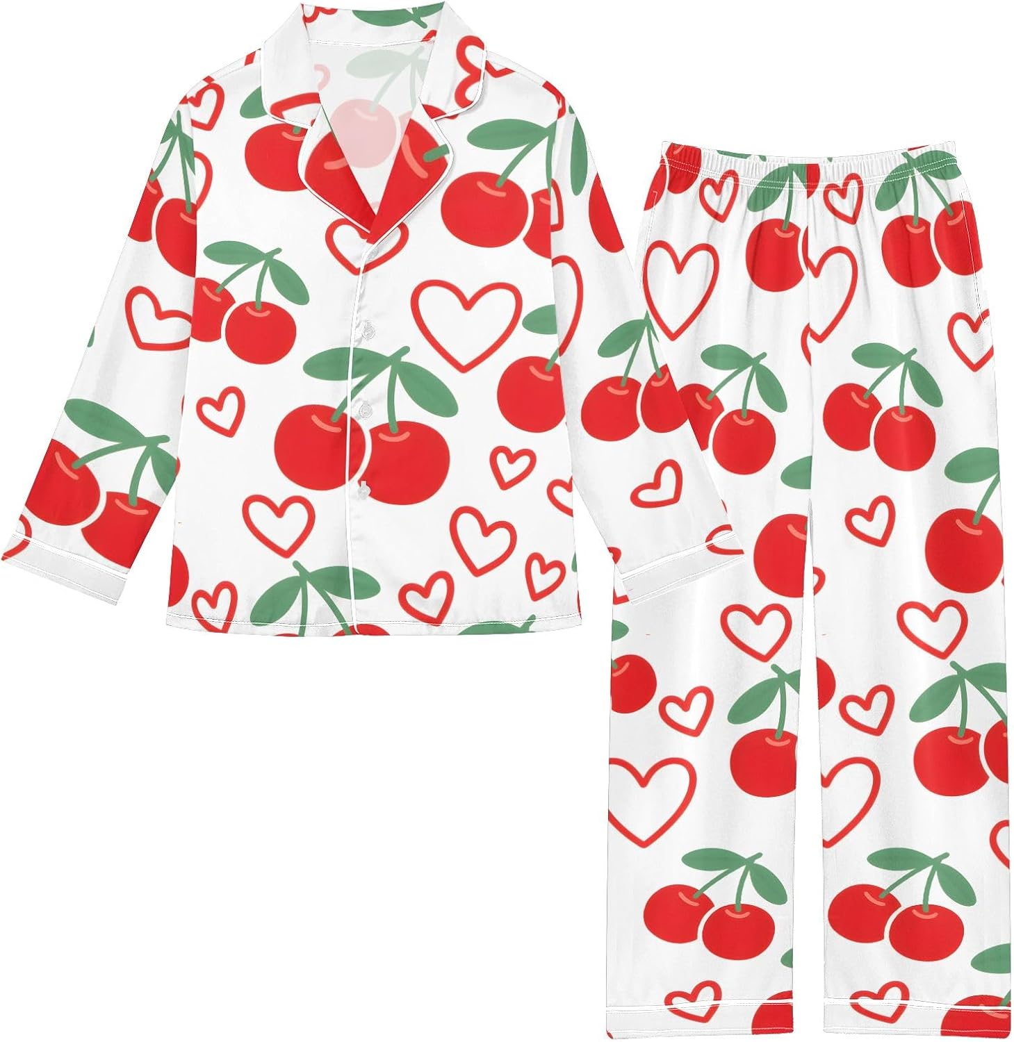 Kids Casual Satin Wear Set Cute Cherry Love Pattern Unisex Relaxed Fit Clothing