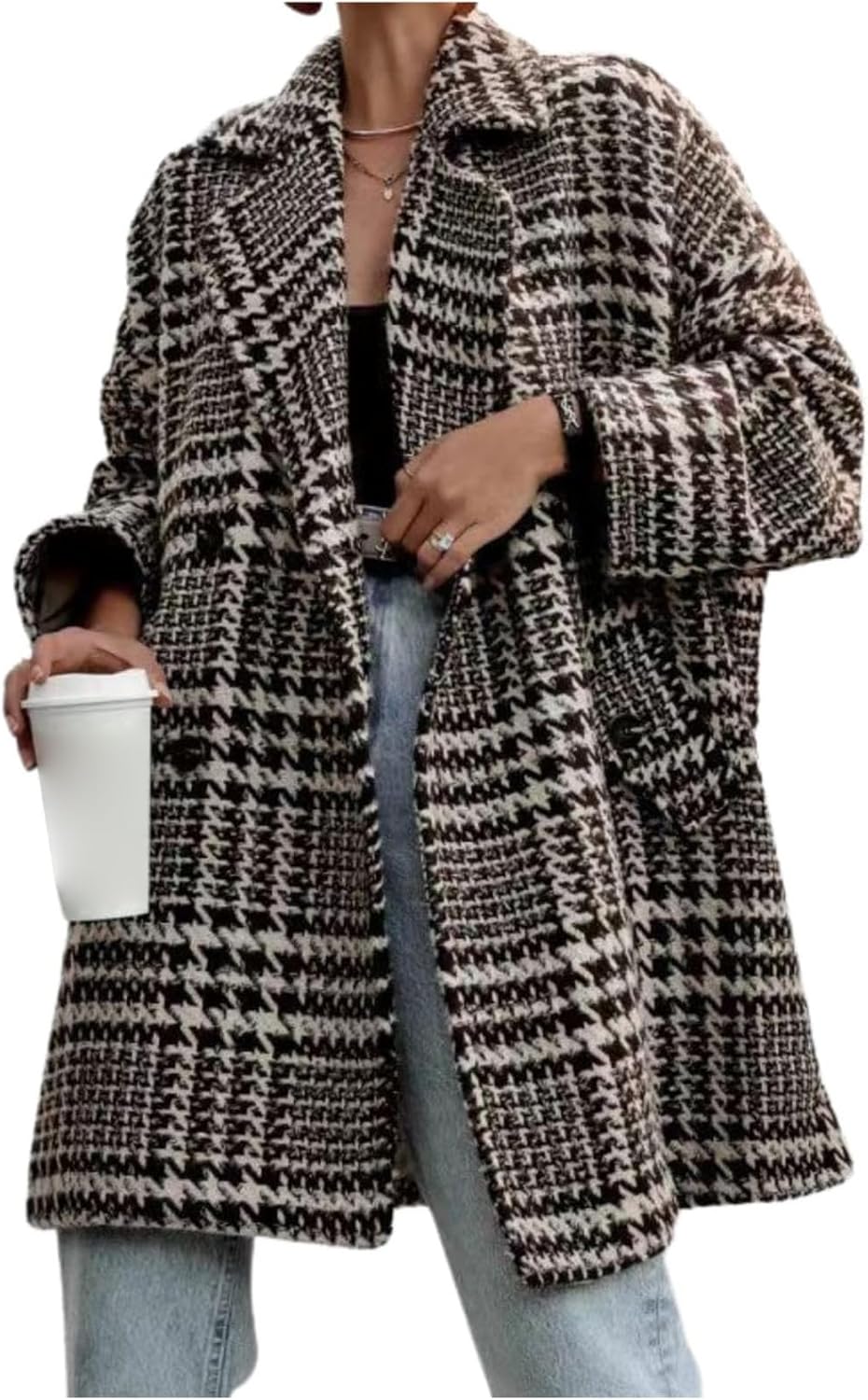 Mmoneyake Plaid Shacket Jacket Women Houndstooth Wool Blend Coat Notch Lapel Warm Winter Jackets Double Breasted Peacoat