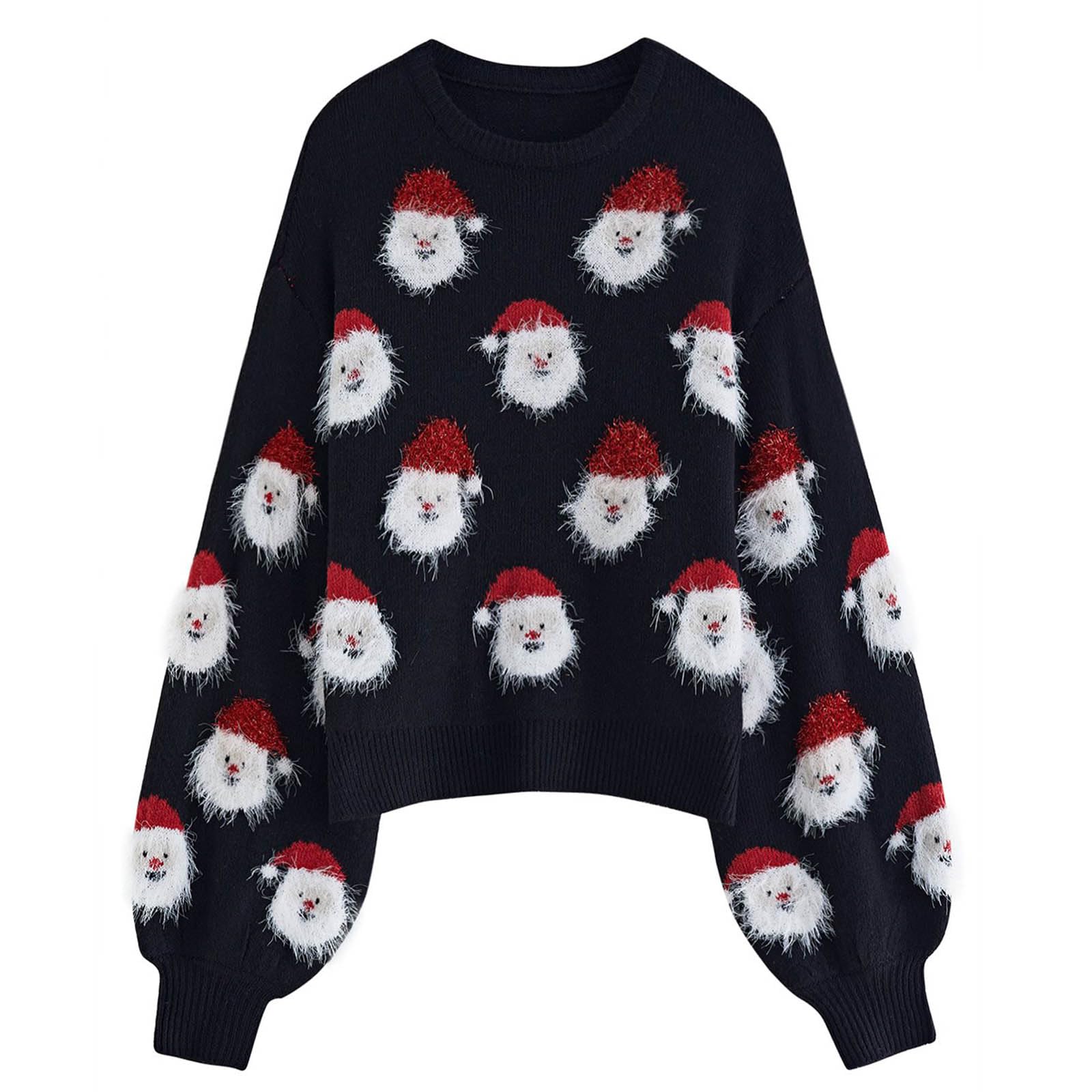 CHICWISH Womens Black Green Pink Red Fuzzy Santa Claus Knit Top