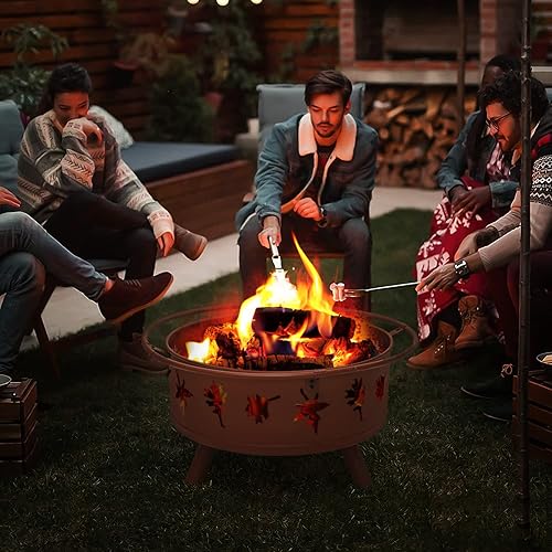 Miniatura 3 de MoNiBloom Hoguera de 32 pulgadas, diseño de hojas exteriores, parrilla redonda para barbacoa, cocina con chimenea, rejilla de carbón, cubierta de