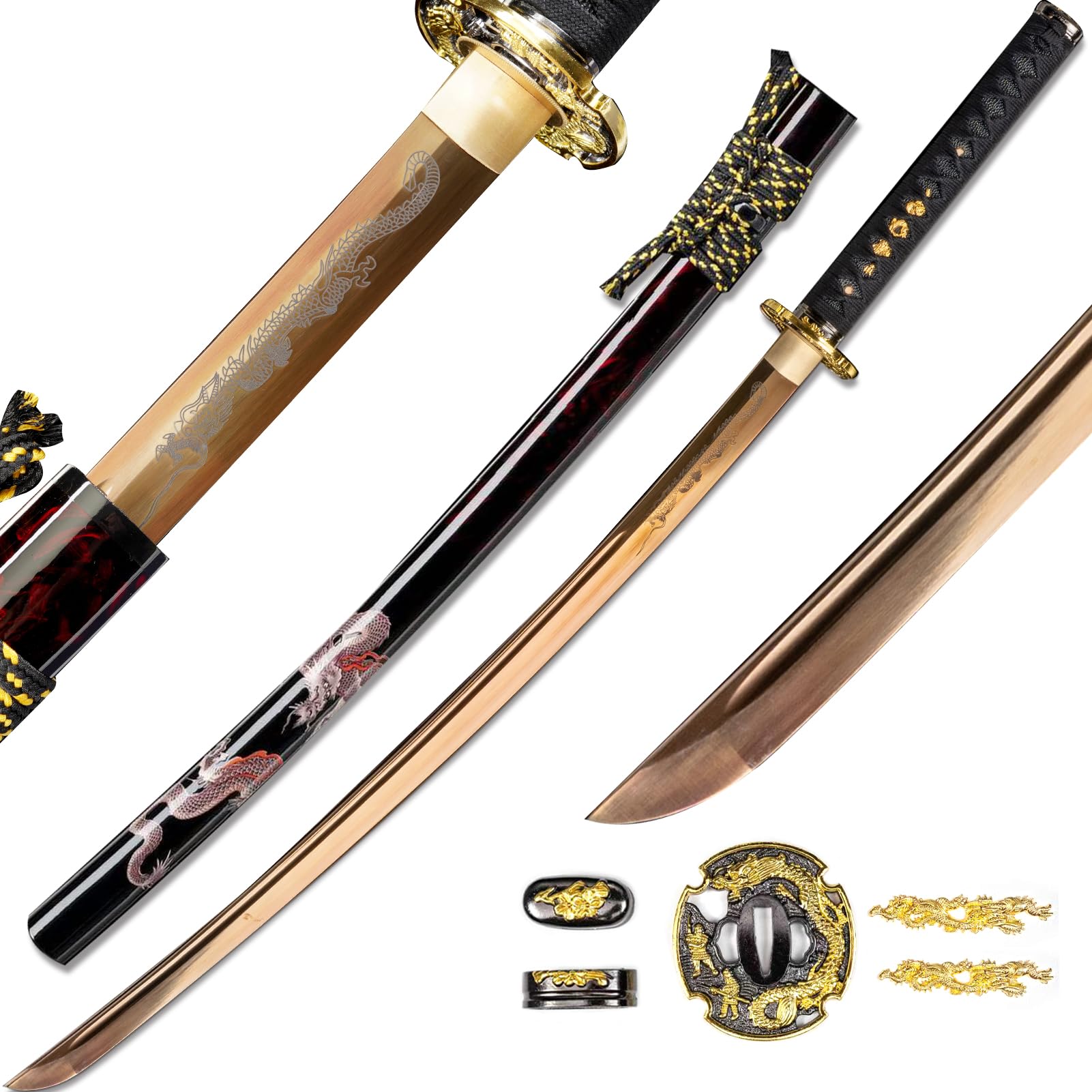 OYZ Real Katana Japanese Samurai Sword, Unique Gift for Men Full Tang Clay Tempered t10 Steel Blade, Spring Steel Memorable for Martial Arts Enthusiasts or Collectors. Golden Dragon themes