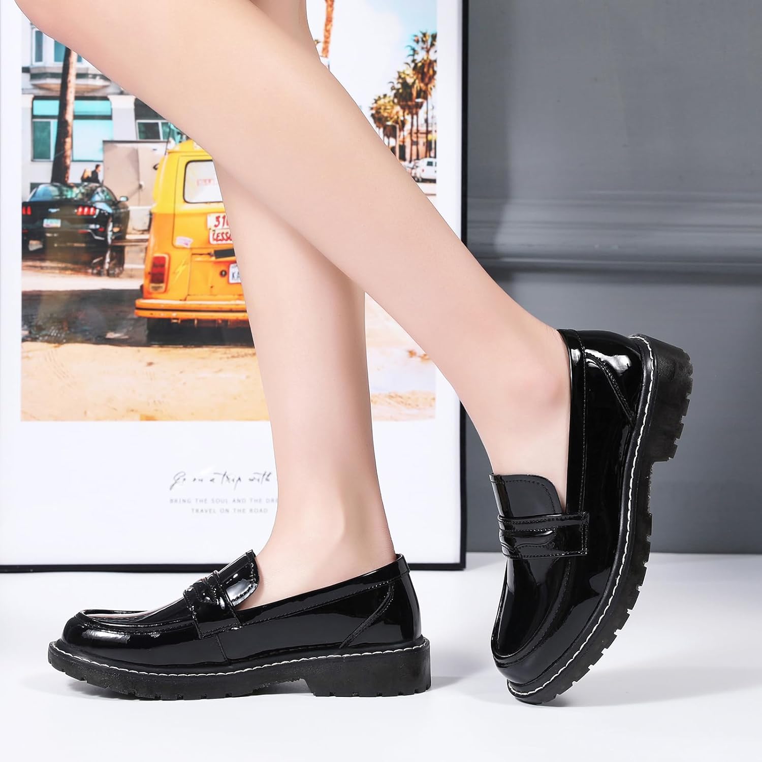 XMM Black Loafers for Women Chunky Loafer Shoes Penny Loafers Flats Lug Sole Lightweight Slip On Ladies Shoes Business Casual Dressy Comfortable Office Shoes - Image 2