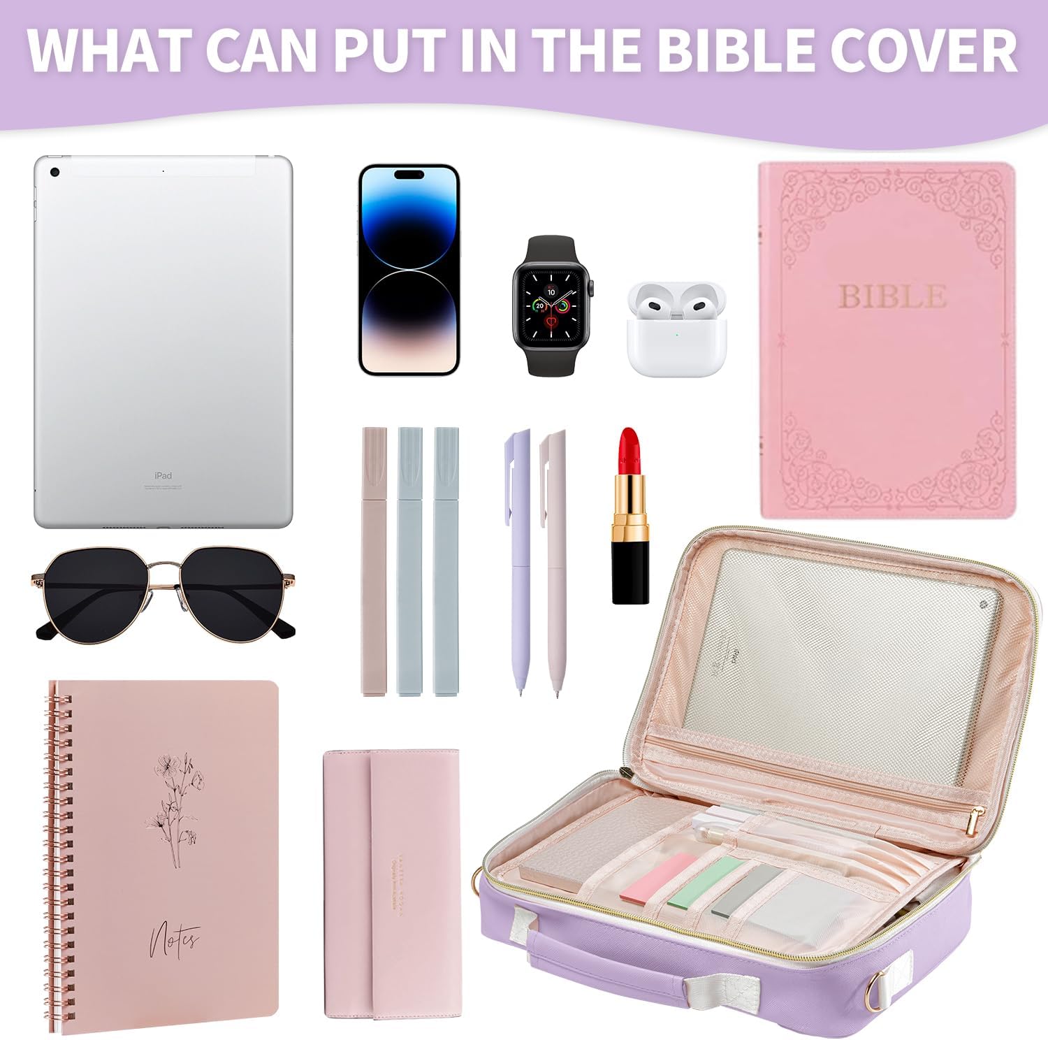 KOPKOFT Bible Cover Case for Women, Large Chenille Letter Leather Bible Case with Bible Study Accessories, Bible Study Supplies Bible Journaling Kit, Christmas Christian Gift for Women Girls (Purple)