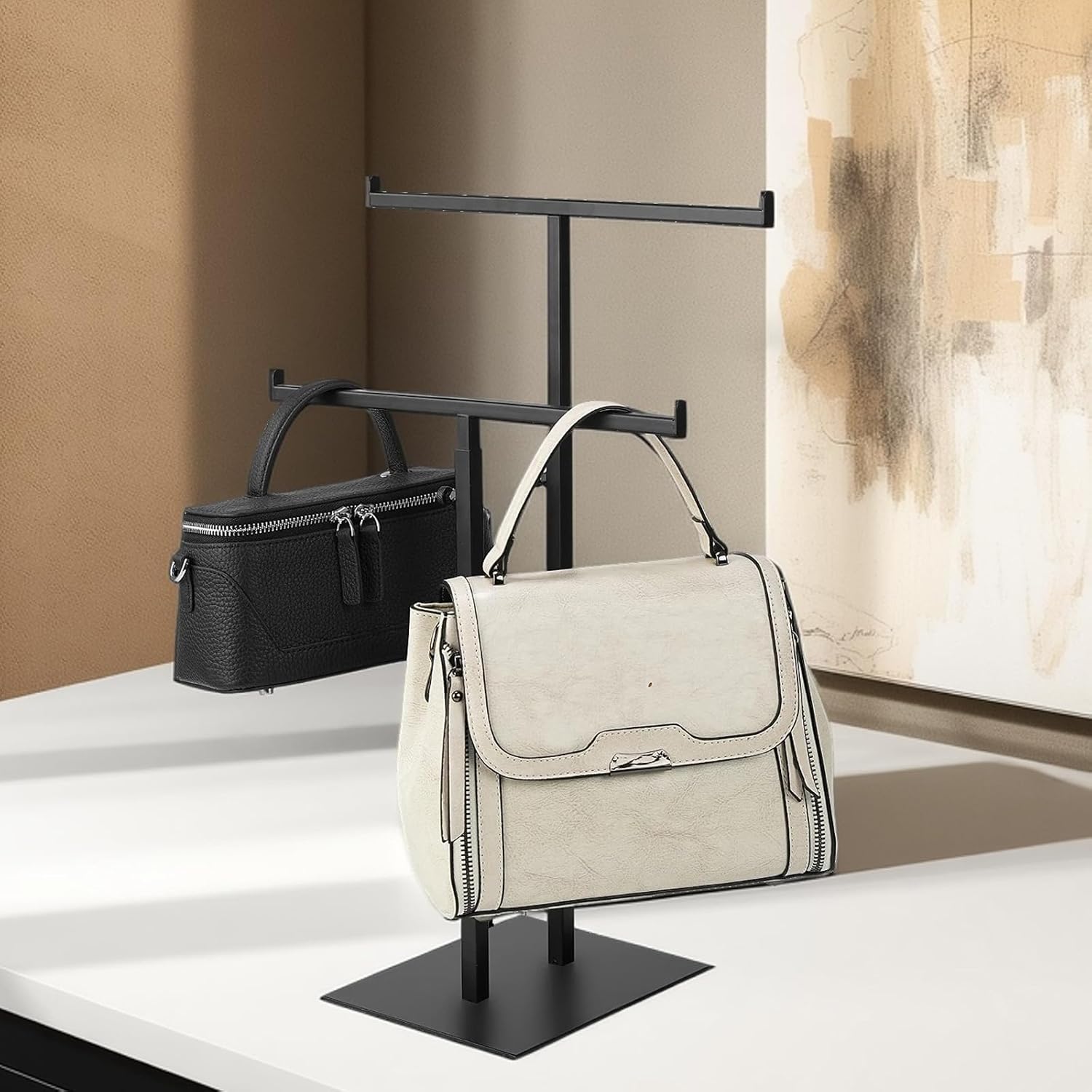 Purse Display Stand Jewelry Towers, Black Double T-Shaped Tabletop Stainless Steel Hook Hanging Adjustable Height Handbag Holder for Organizer Luxury Bags Necklaces Home Store Boutique Retail Closet - Image 3