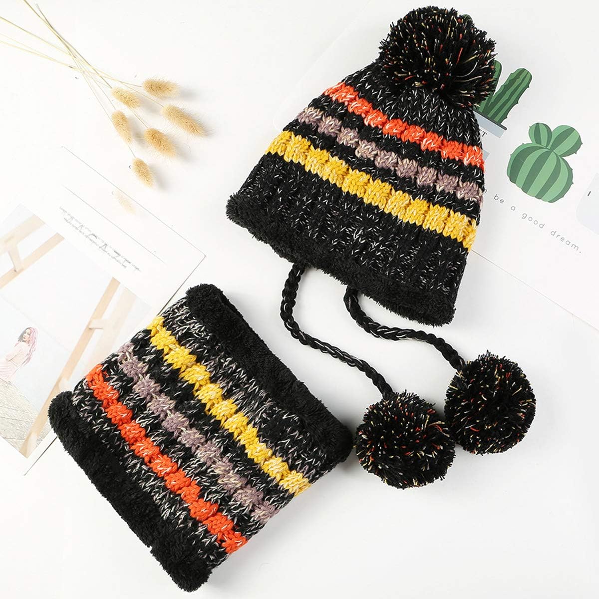 Women Winter Beanie Hat Circle Scarf Set Pompoms Peruvian Ski Snow Ear Flaps Cold Weather Warm Sherpa Knit Hats Fleece Lined - Image 2