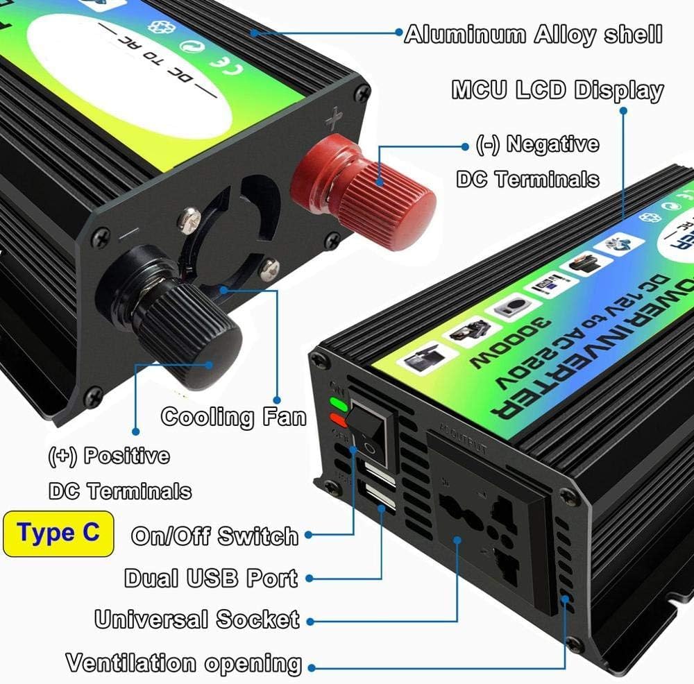 Inversor,Inversor Onda Pura 3000W 12V a 220V / 110V ACTUALIZADOR DE POTERA DEL CAPA CONVERADOR ADAPTADOR DE CARGADOR DE USB DUAL USB Transformador de voltaje modificado