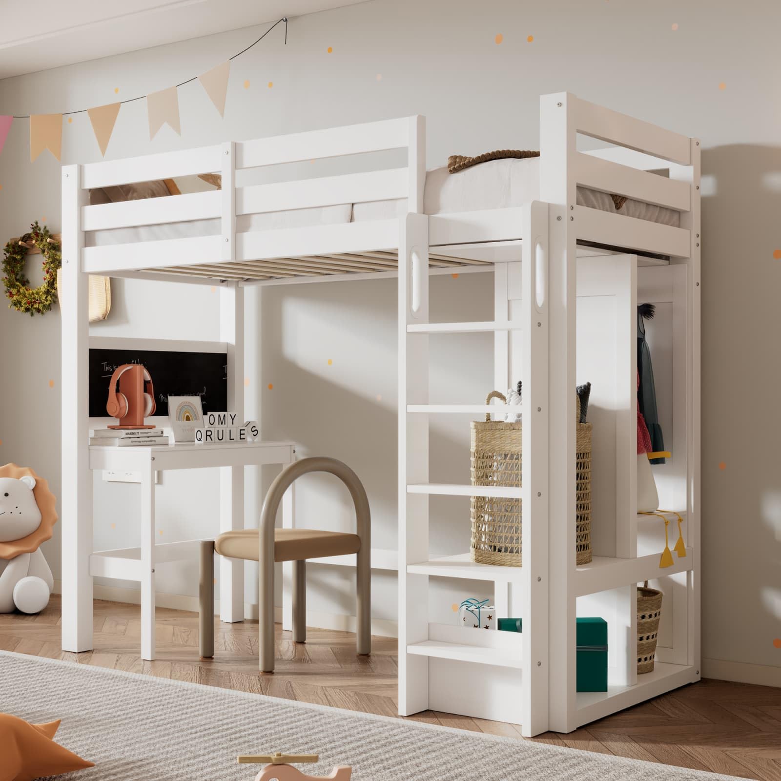 Sweiko Lit Mezzanine Enfant 90×200cm avec Bureau intégré et Armoire Ouverte, Cadre de lit avec étagères et barrière de sécurité, lit superposé avec Tableau Noir et sommier à Lattes