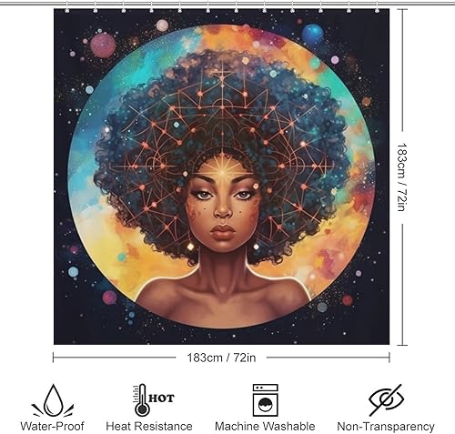 Miniatura 6 de YLATY3141 - Cortina de ducha con diseño de niña negra, juego de cortina de ducha de pelo explosivo, tela de noche estrellada, moderna, impermeable,