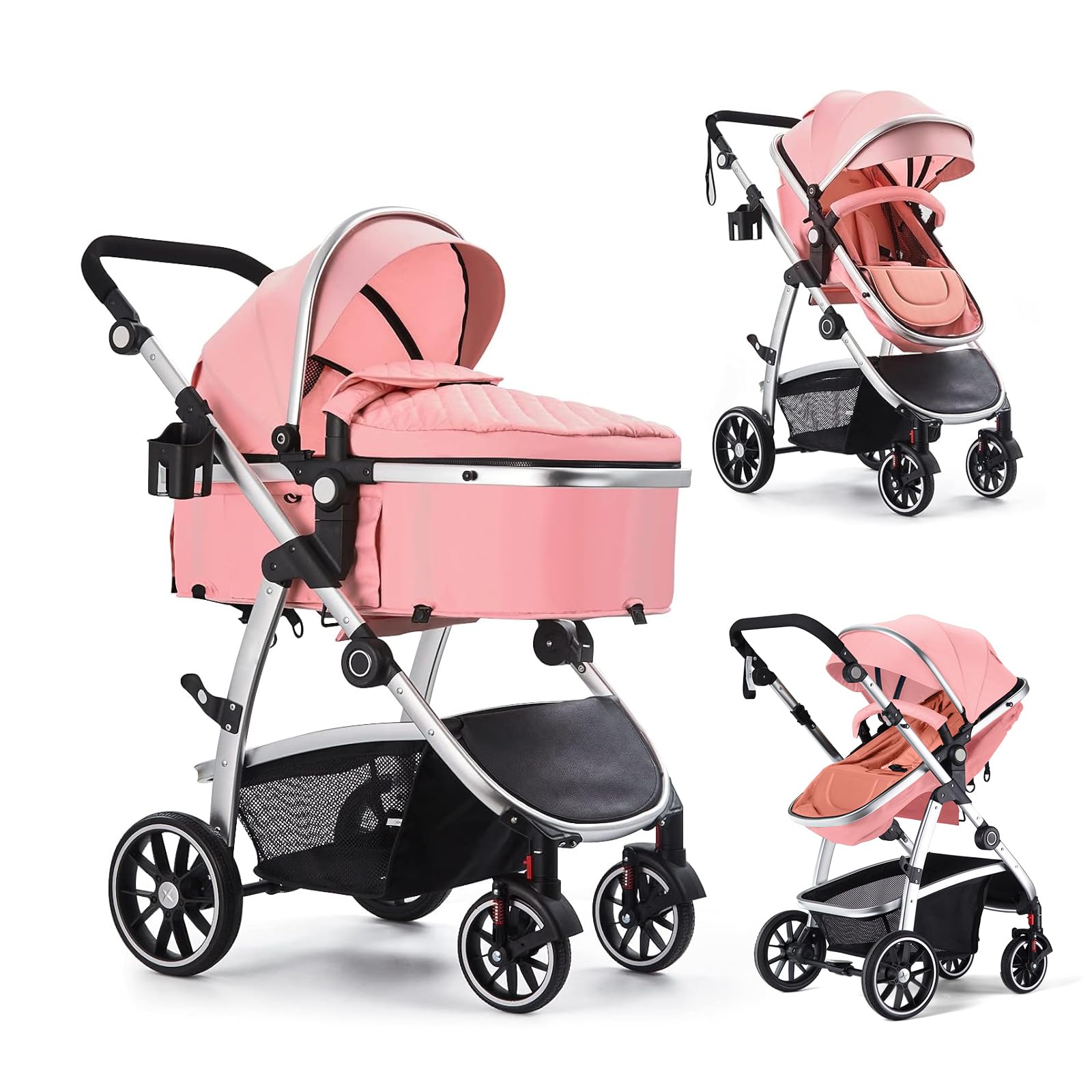 Photo 1 of Baby Stroller,2-in-1 Reversible Stroller with Bassinet Mode,Foldable Infant Stroller with Canopy,One button brake?Adjustable Handle, Newborn Stroller (Pink)
