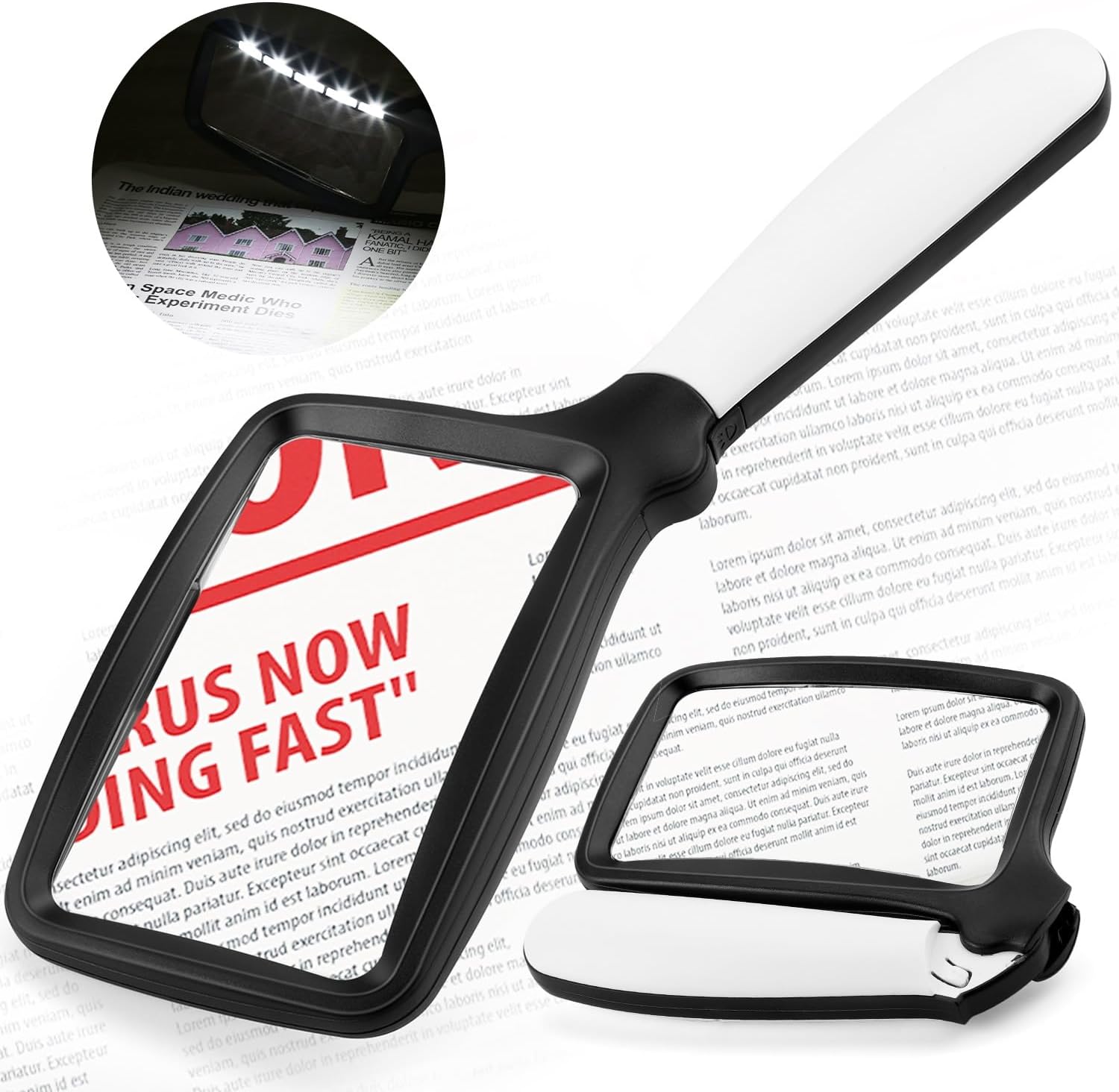 Folding Handheld Magnifying Glass with Light, Brightness Dimmable Magnifying Glass for Reading, LED 3X Large Rectangle Books Magnifier with Light for Seniors, Lighted Gifts for Elderly with Low Vision