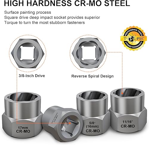 Miniatura 3 de Topec Juego de extractor de tuercas y pernos de impacto de 13+1 pieza, juego de dados extractores de pernos de 3/8 pulgadas, removedor de tuercas 13