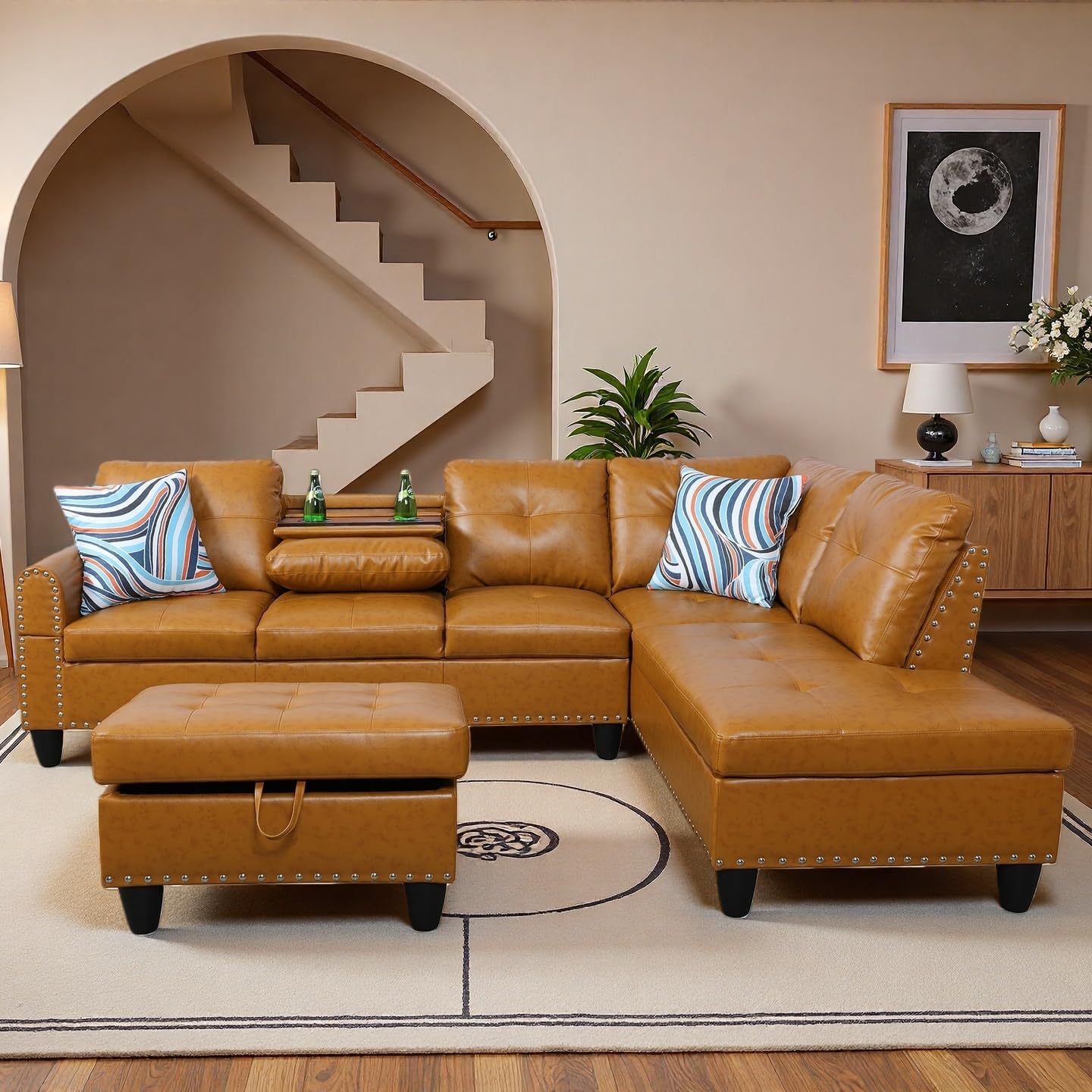 97.5" L Shaped Couch Set, Modular Sectional Couches for Living Room with Storage Ottoman, 4 Seat Home Sofa Living Room Furniture Sets with Chaise for Apartment (Leather, Ginger Yellow)