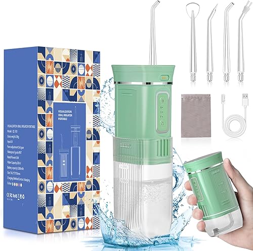 Irrigador bucal inalámbrico, portátil, limpiador de dientes de agua con espejo, recargable plegable para viajes a casa, 4 puntas, 3 modos, IPX7,
