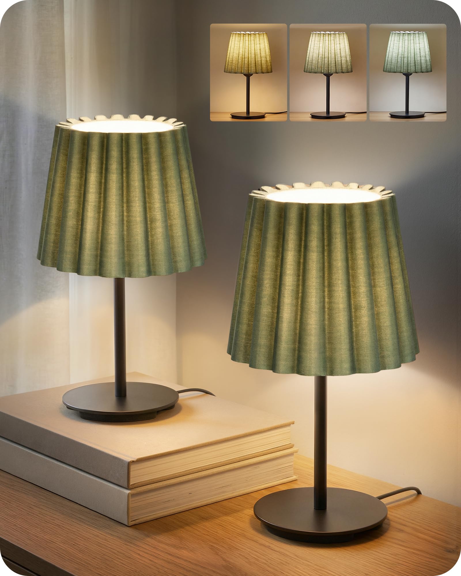 Photo 1 of ***FOR PARTS ONLY / BASE BROKEN*** GOEBLESON Small Bedside Table Lamps Set of 2, Dimmable Table Lamps with 3 Adjustable Color Temperatures, Nightstand Lamps with 2 Bulbs, E26 Base, for Bedroom, Study, Desk, Green and Black J15TLP205