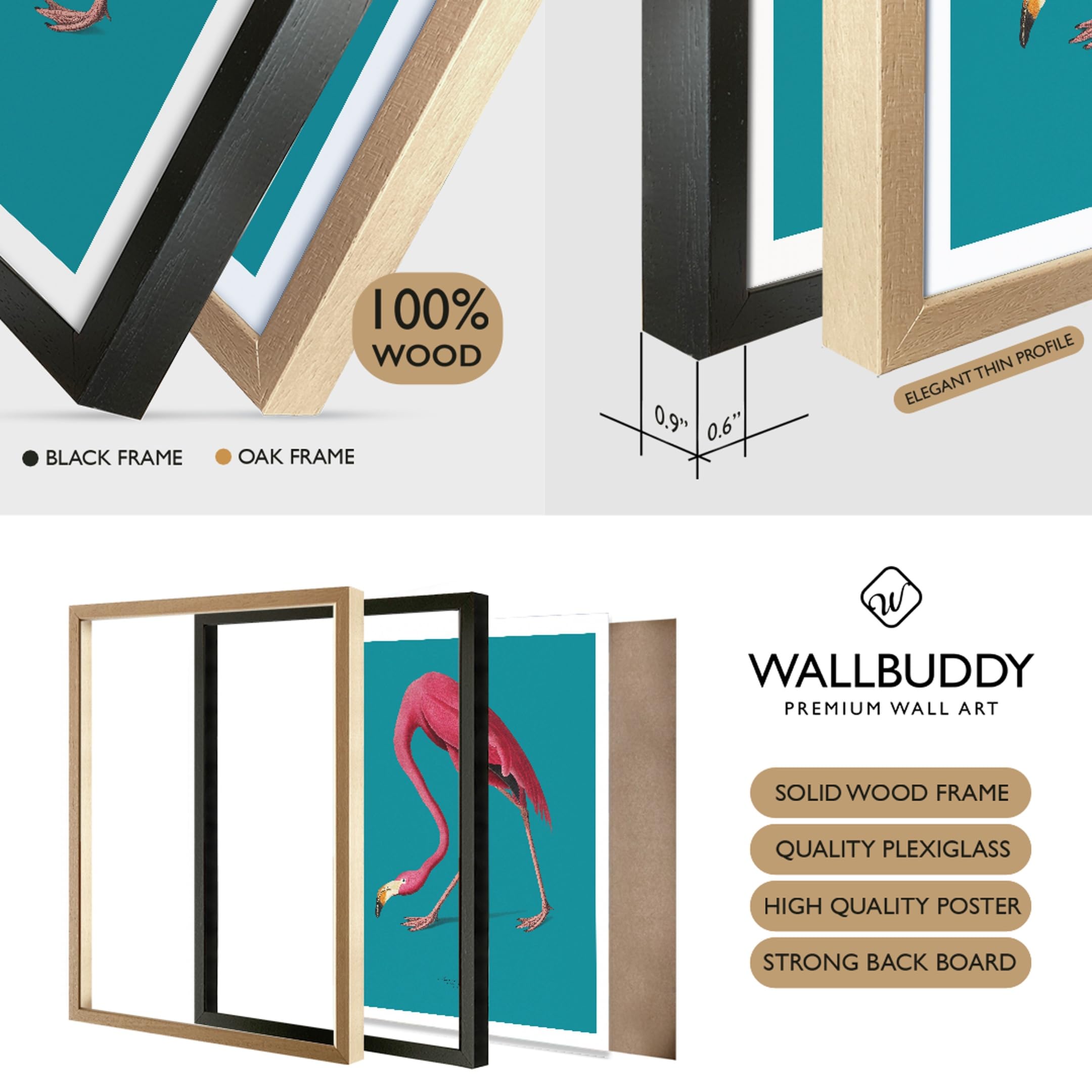WallBUddy Flamingo Illustration Wandkunst Druck (30 x 40 cm, Eichenrahmen)