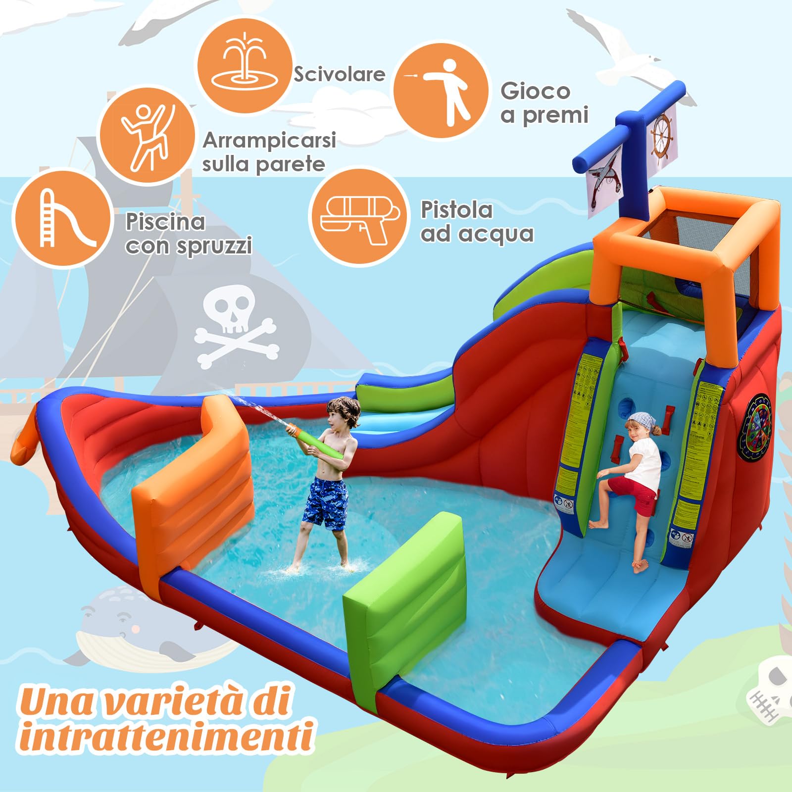 COSTWAY Castello Gonfiabile per Bambini 6 in 1, con Scivolo, Parete per Arrampicarsi, Piscina, Freccette, Gioco di Lancio, Pistole Acquatiche e Borsa, Ideale per 3 Bambini con Età 3-10 Anni