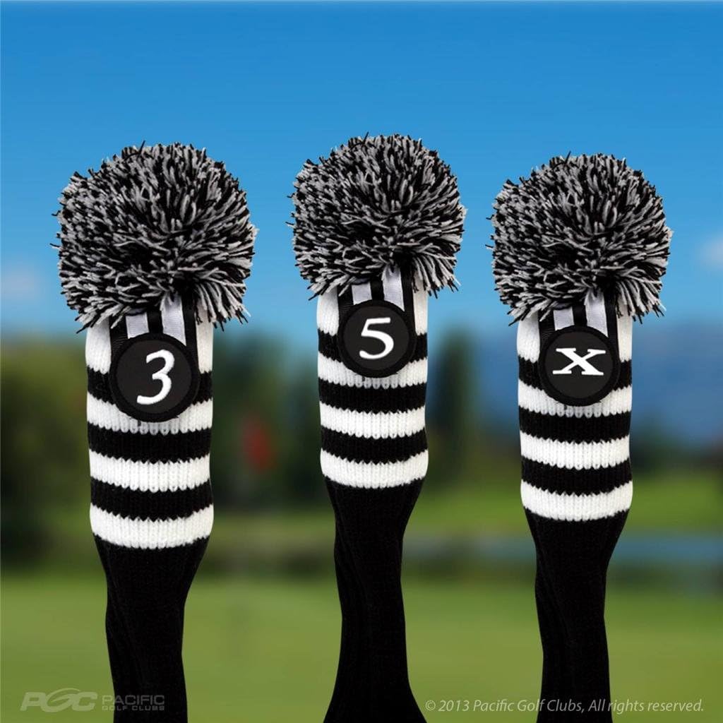 Pacific Golf Clubs Head Covers 3 5 X Black and White Knit Retro Old School Vintage Stripe Pom Pom Throwback Classic