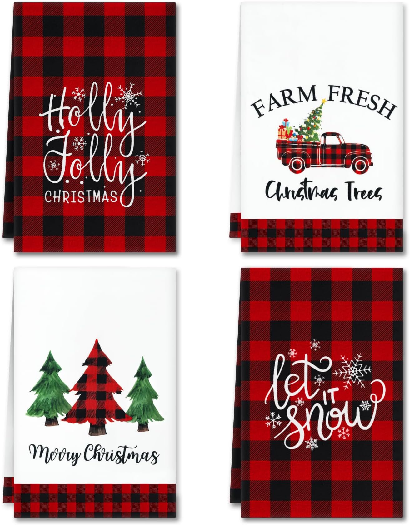 4 Pack Christmas Kitchen Towels, Buffalo Plaid Truck Trees Christmas Dish Towels, 18x26 Inch Farmhouse Christmas Hand Towels for Kitchen Winter Holiday Christmas Decorations