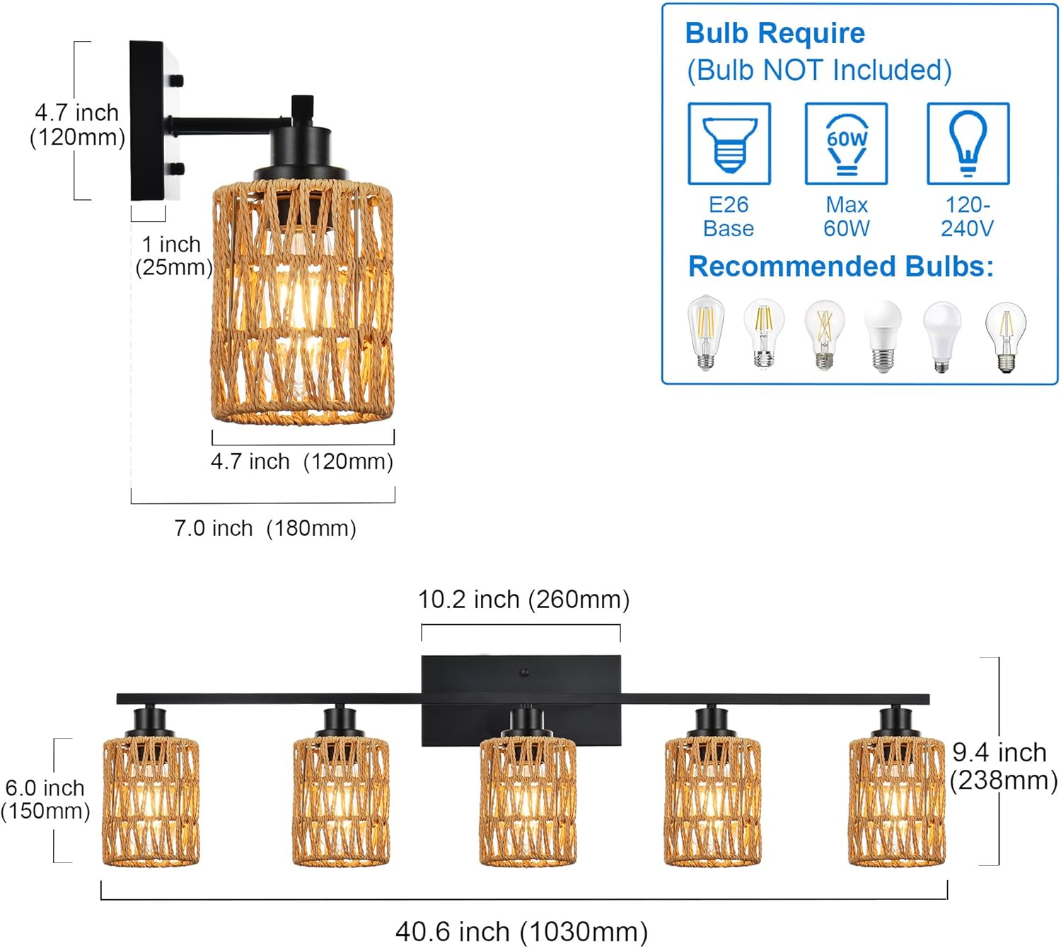MELUCEE 4 Packs H-Type Track Hanging Light, 5 Light Farmhouse Bathroom Light Fixtures Rattan Wall Sconce