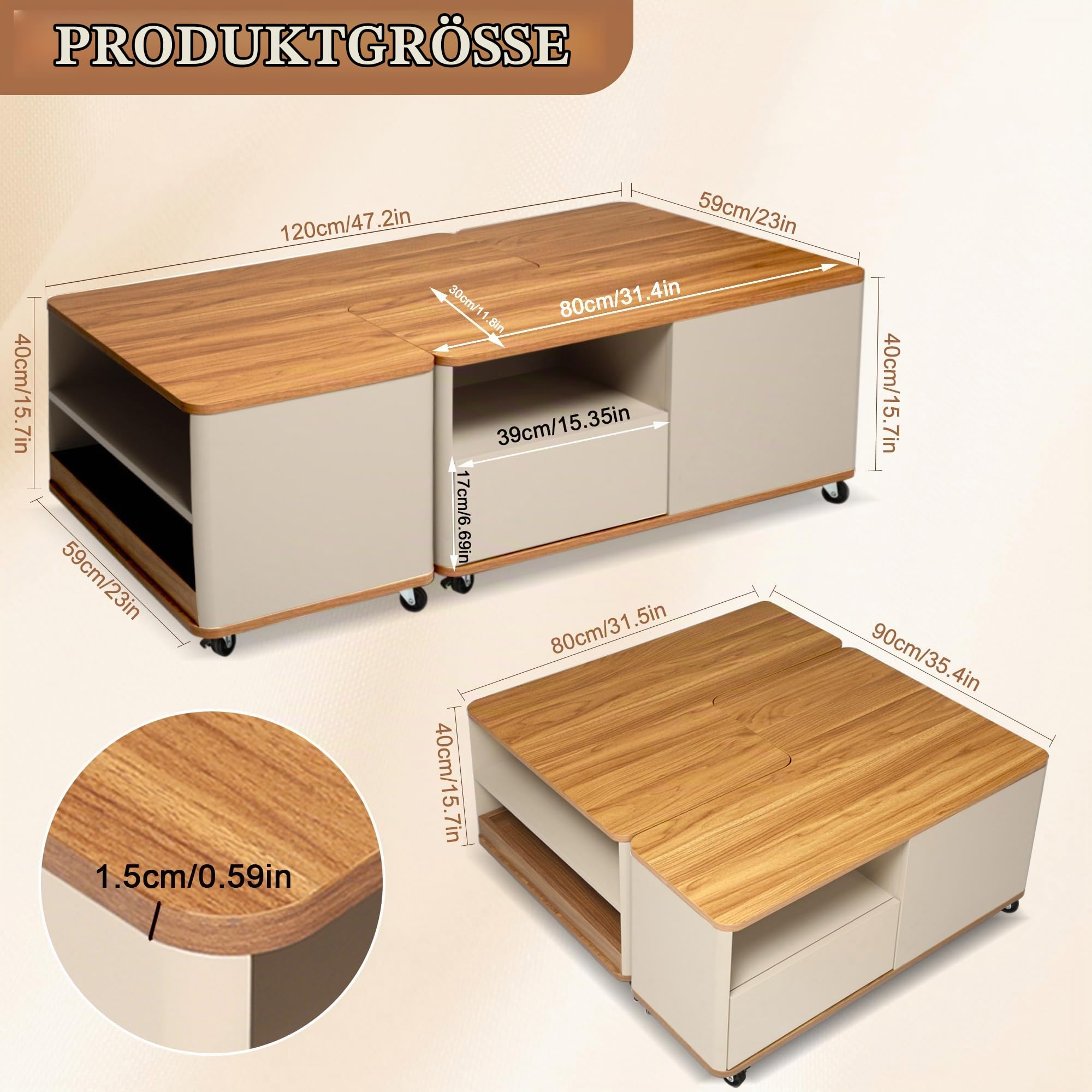 Modularer Couchtisch Holz mit 12 Rollen, Wohnzimmertisch 2er Set mit 2 Schubladen Stauraum & 2 Tabletts, Kaffeetisch Flexibler Kombinierbarer, Couchtische, Wohnzimmer Tisch für Couch (Braun)