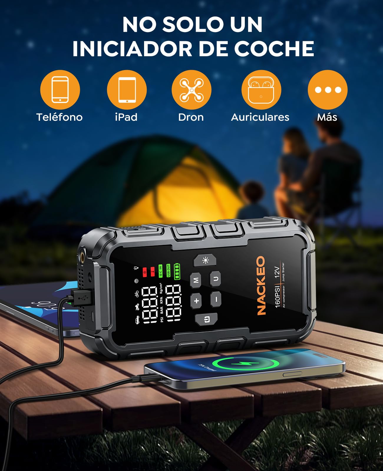 Arrancador de Baterias de Coche 8000A con Compresor, 160PSI Inflador de Neumáticos, Arrancador de Coches 12V (Gasolina y Diésel 12L), Jump Starter con Luz LED 600LM, Cables de Arranque, Pantalla LCD