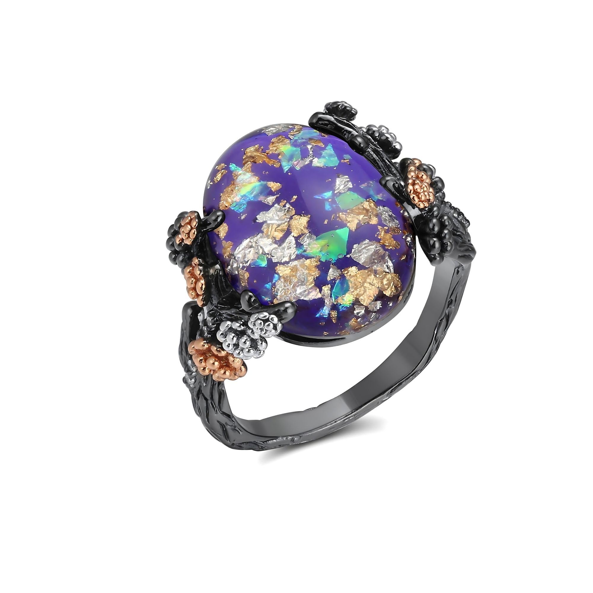 Henrietta Simulated Fire Opal Ring for Women by Ginger Lyne | Elven Gothic Black Plated for Engagement Promise or Statement -Tree Branch Flower Design