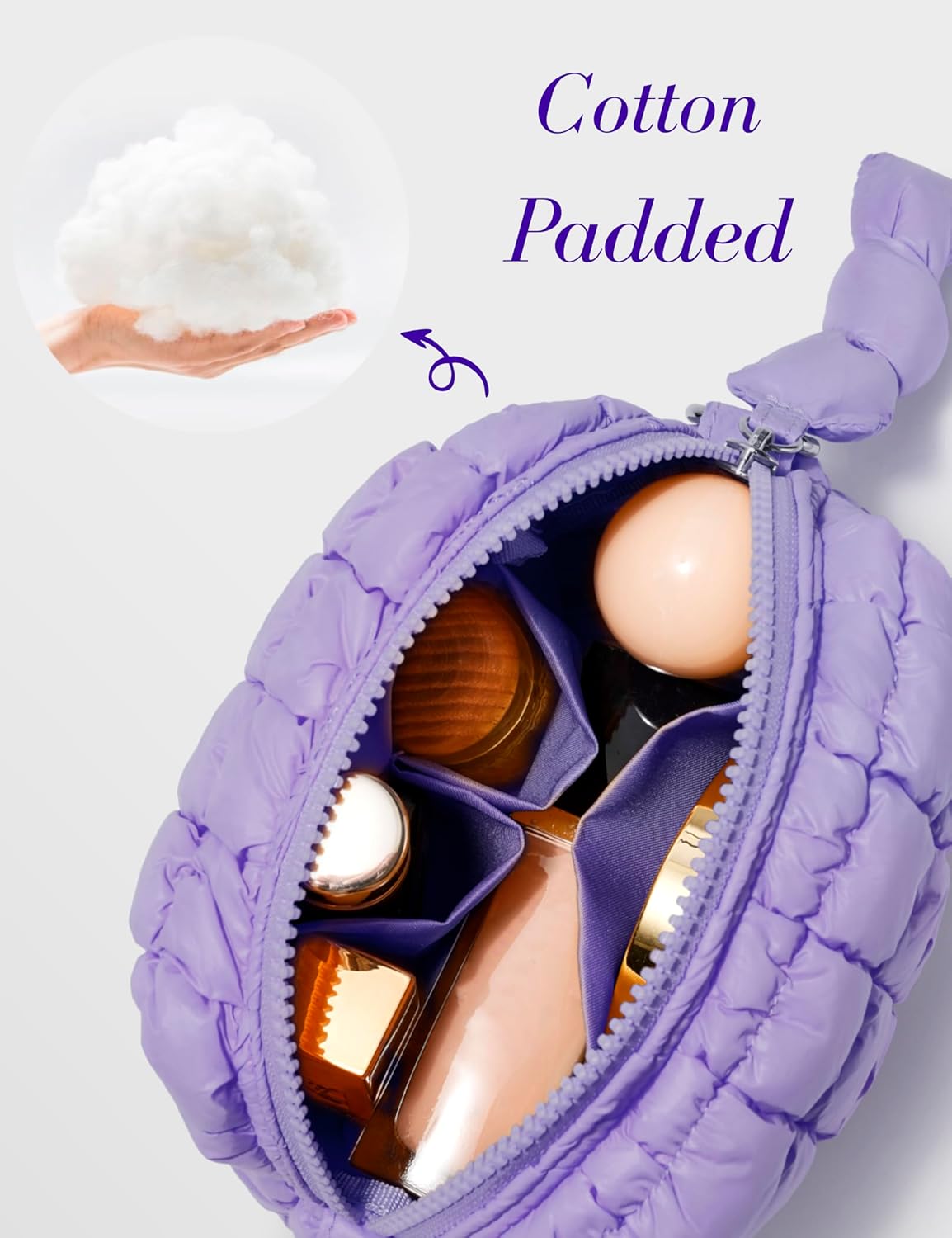 Yarnic Quilted Makeup Bag Puffy Cosmetic Bag, Quilt Travel Toiletry Bag for Women, Cute Puffer Makeup Bag Organizer Soft Make up Pouch (Lavender, S) - Image 4