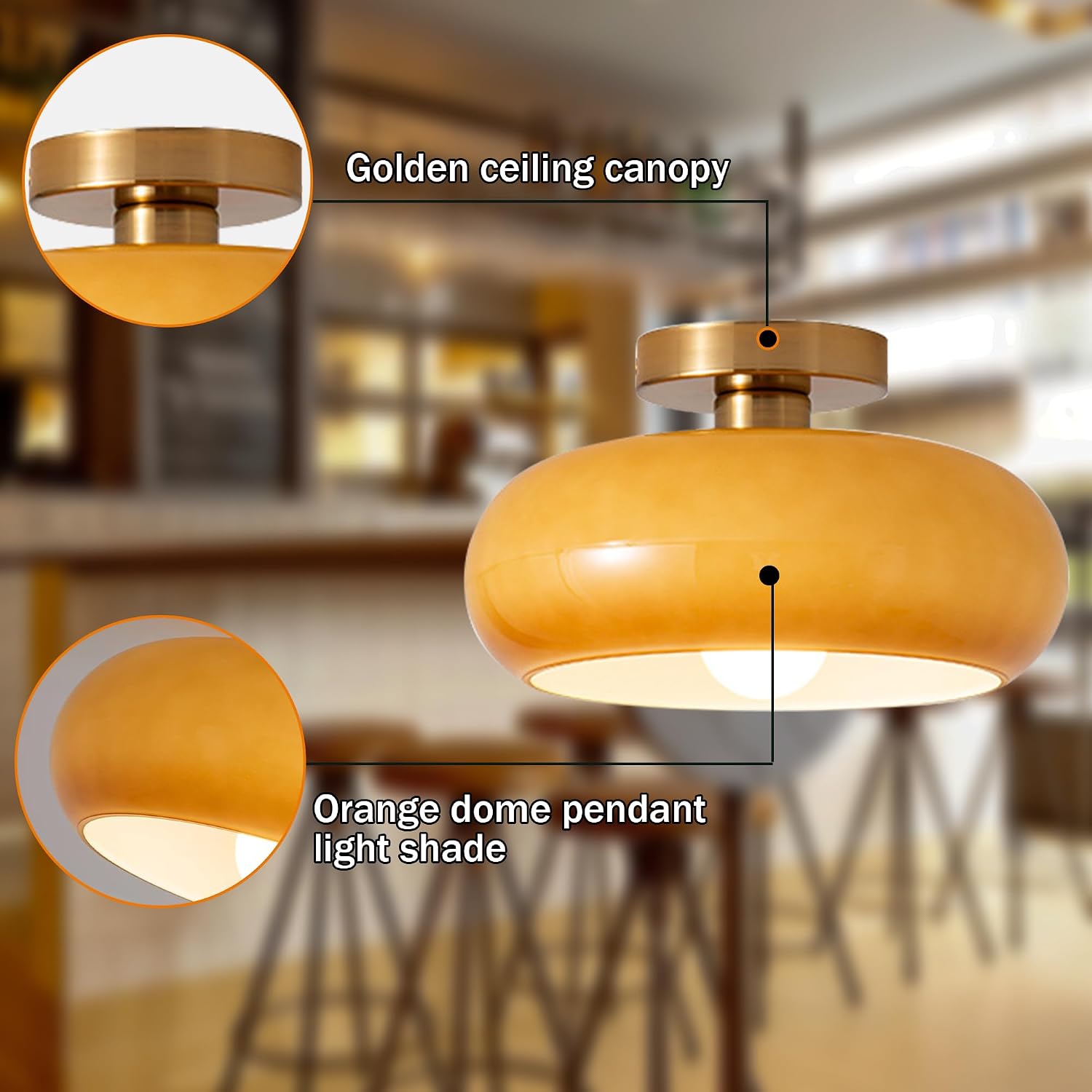 Semi Flush Mount Ceiling Light Fixture Gold Mid Century Modern Ceiling Lighting with Orange Dome Glass Shade Hallway Light Fixtures Ceiling Lamp for Bedroom Living Dining Room Kitchen