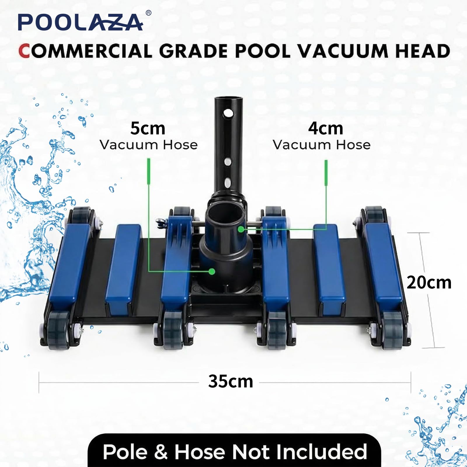 POOLAZA Aspiratore manuale commerciale per piscina con ruote, 35 cm di larghezza extra e aspiratore per piscina a carico pesante flessibile ponderato per una pulizia profonda e accurata senza sforzo