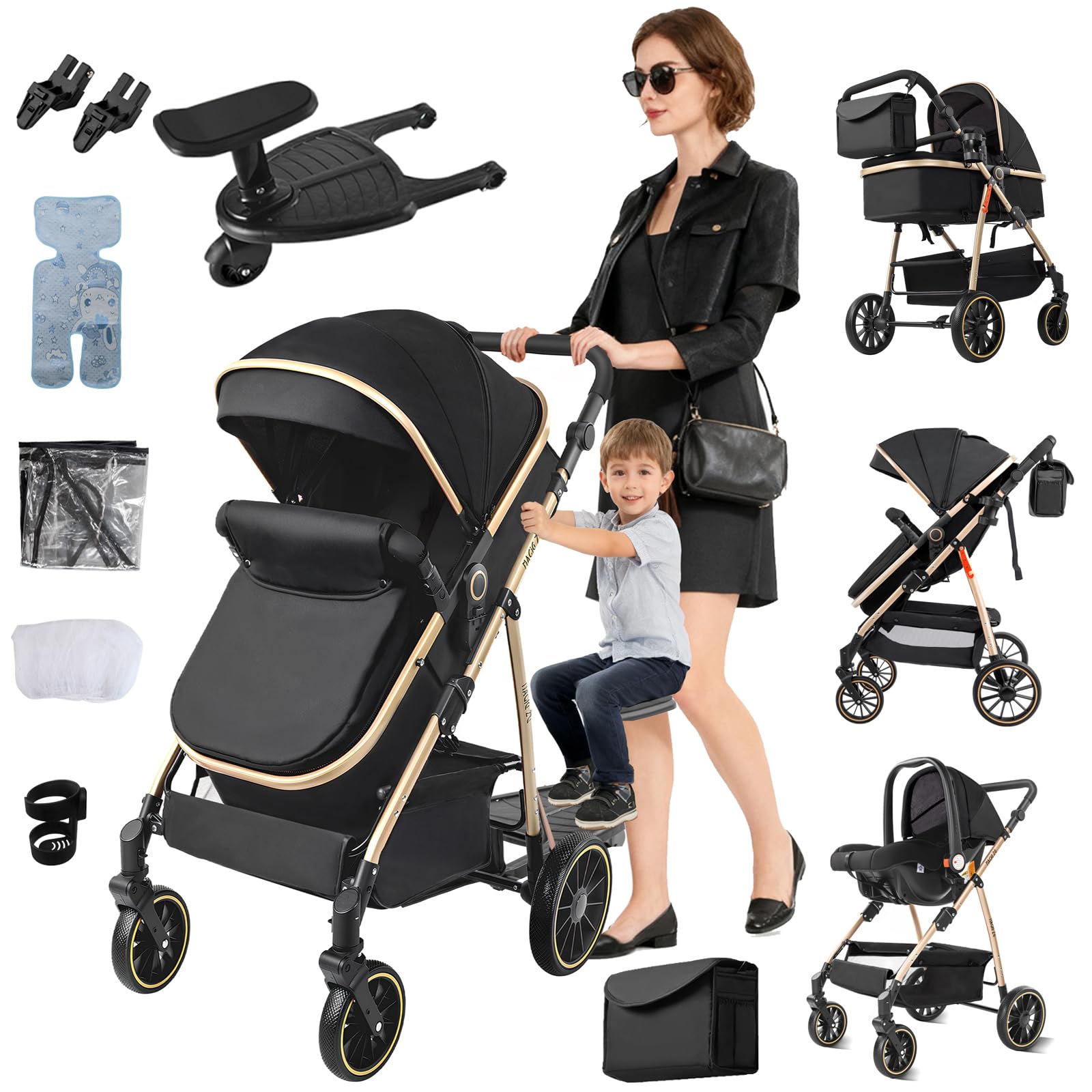Magic ZC Kinderwagen 3 in 1, Buggy mit Umkehrbarem Zwei-Wege-Schub, Kombikinderwagen Faltbarem Tragbarem One-Click-Design, Kinderwagen 3 in 1 Komplettset mit Zubehör (FV8 Black Gold)