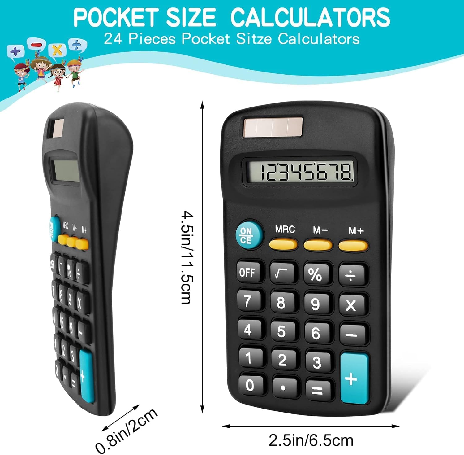 Paquete de 24 calculadoras básicas para estudiantes, tamaño de bolsillo, mini calculadoras con pantalla de 8 dígitos, calculadora básica, batería solar, calculadoras de mano de doble potencia para