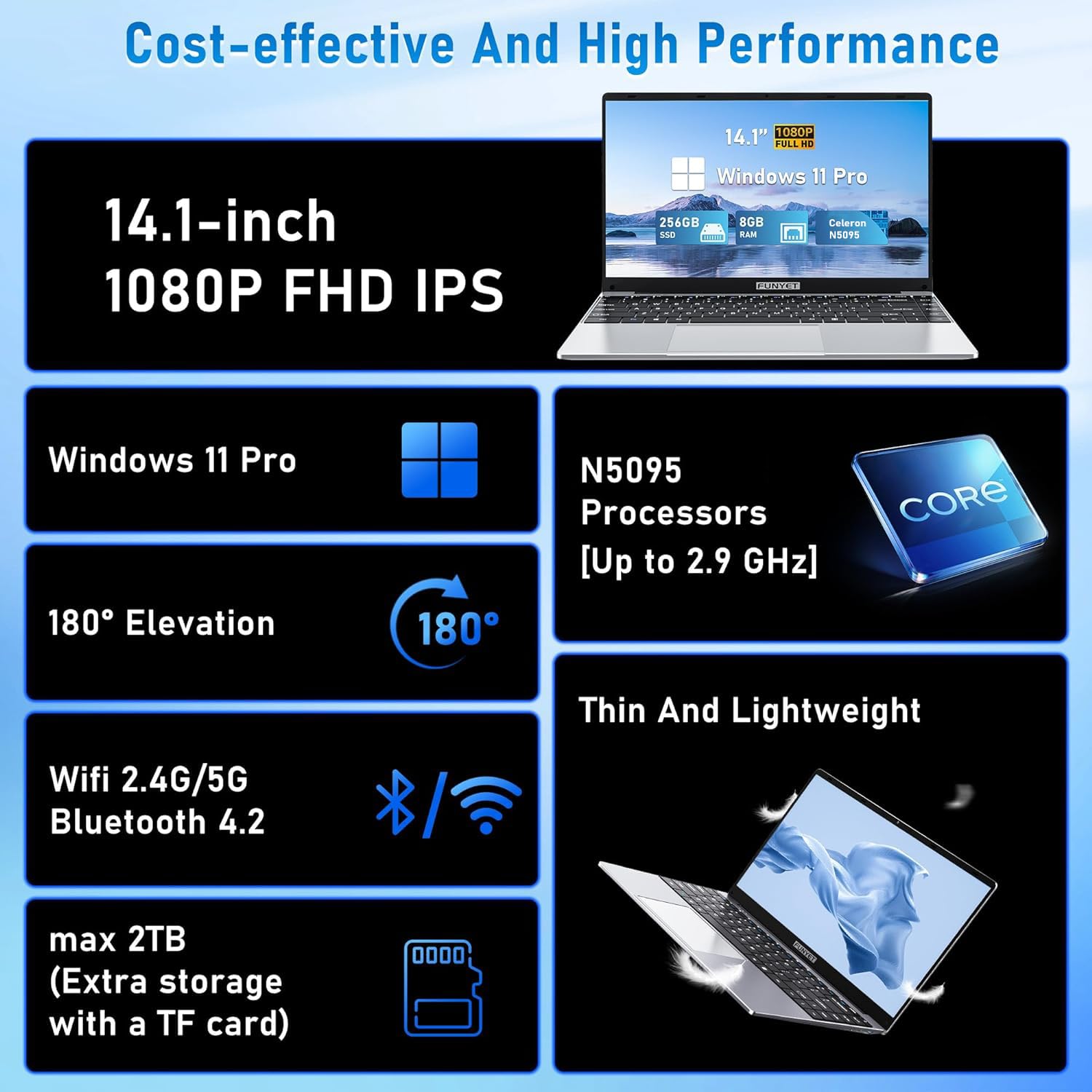 FUNYET Laptop Computer, Gaming Laptops 2026, 14 Inch Lap Top PC Windows 11 Pro, 16GB RAM 512GB SSD, Intel N5095 Processor(up to 2.9 GHz), Office 365, for Business and Students, 2-Year Warranty — view 2