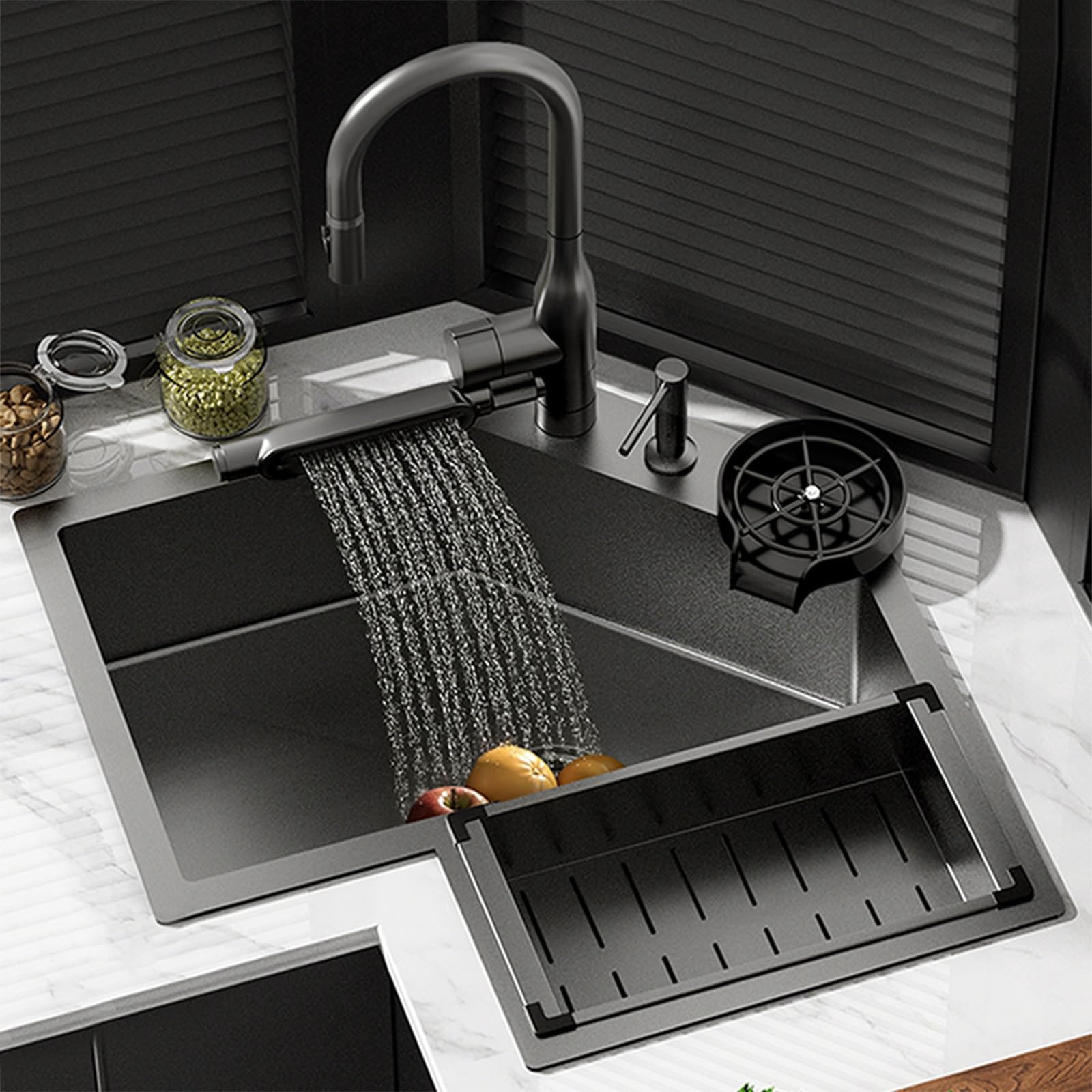 Unterbau-eckspüle Küche, 304 Edelstahl-Wasserfallspüle mit Ausziehbarer Armatur und Ablaufgarnitur für Gastronomie und Haushalt(Black,60x60cm/23.6x23.6in)