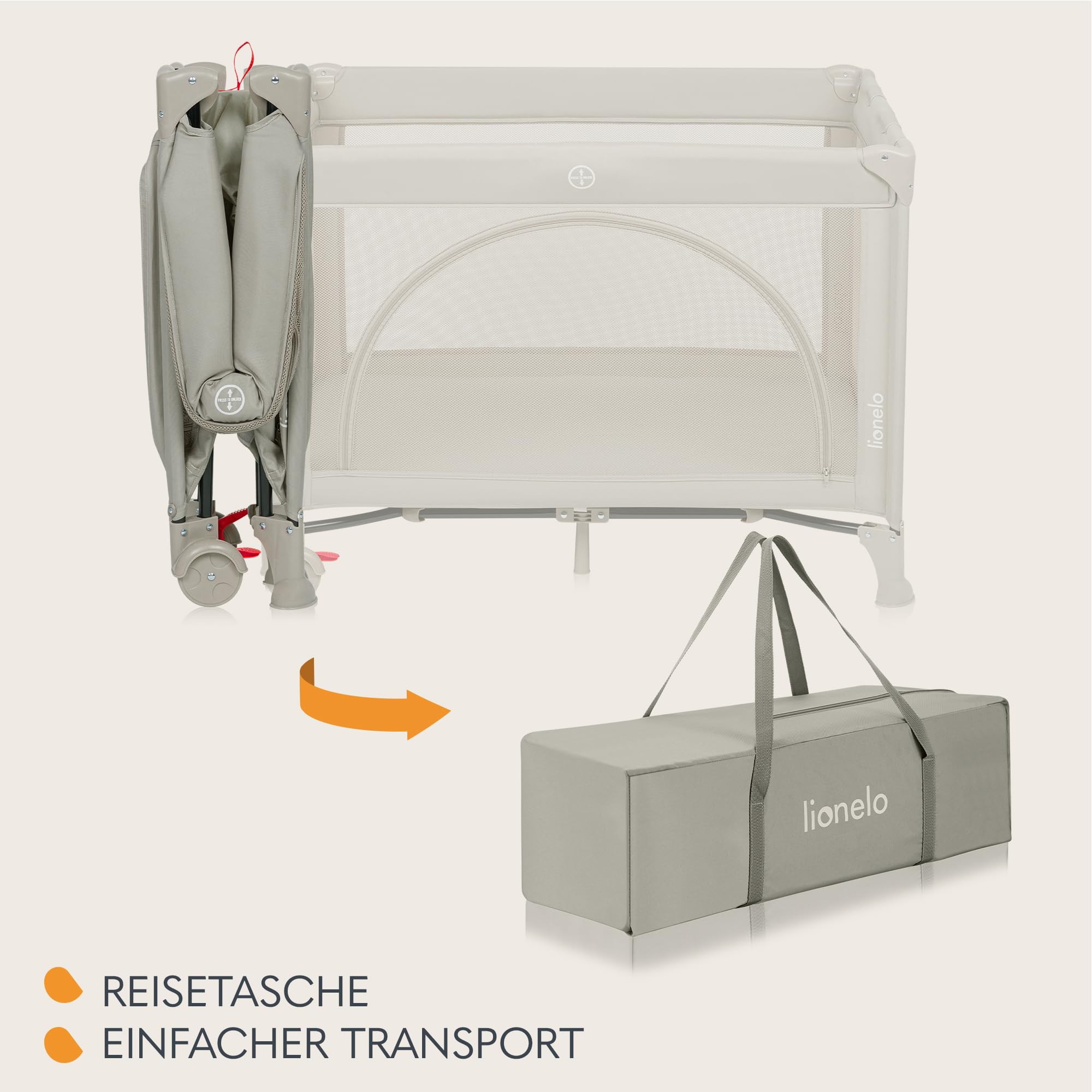 Lionelo Laura 2-in-1 Reisebett bis zu 15 kg Laufgitter von 0 bis 36 Monate Seitlicher Einstieg T25 Schaumstoffmatratze, 2 Höhenstufen, Reisetasche, Räder mit Bremse