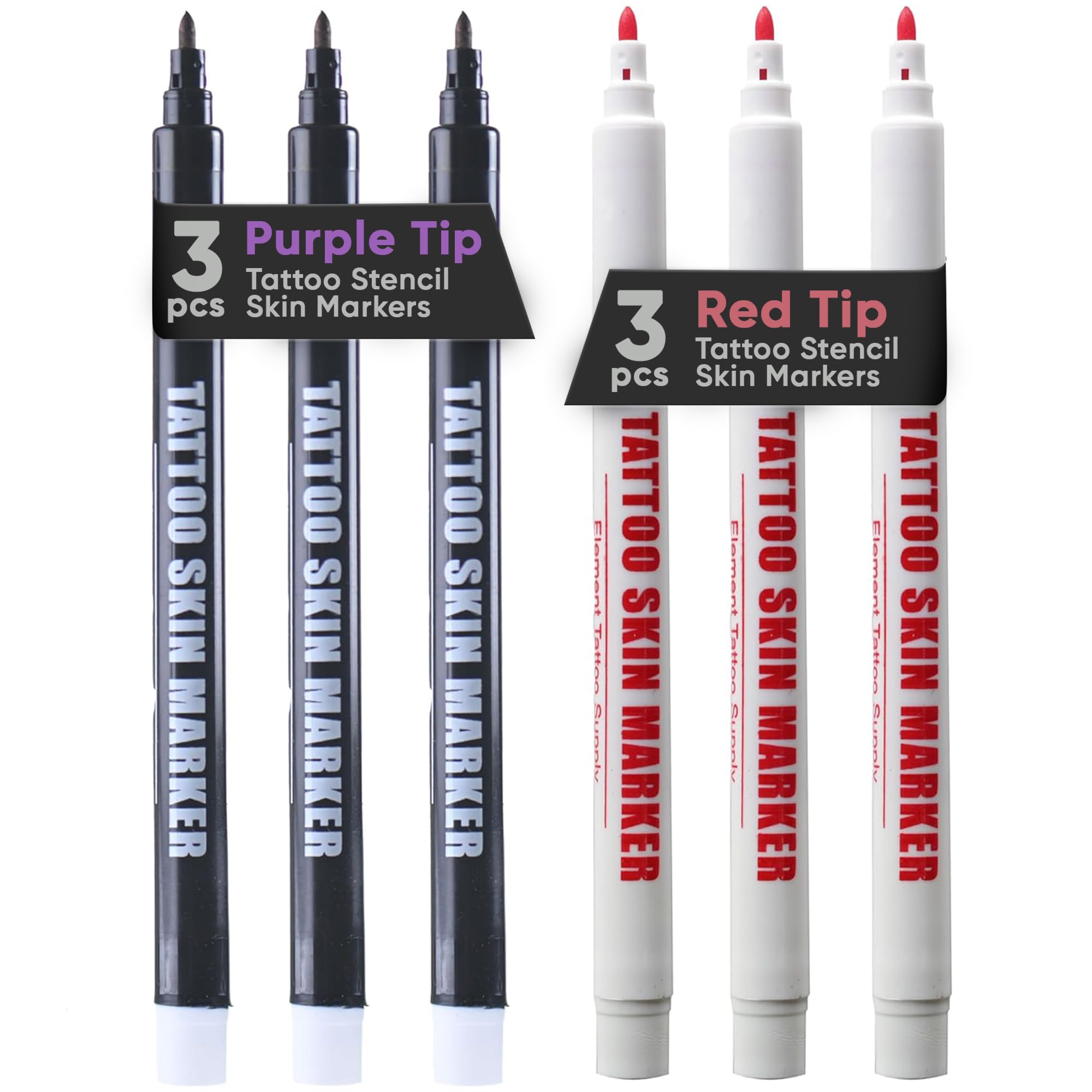 Element Tattoo Supply - Tattoo Stencil Skin Markers, 3 Purple and 3 Red Bold Tip Stencil Marking Pens for Freehand Tatttooing Designs onto Skin