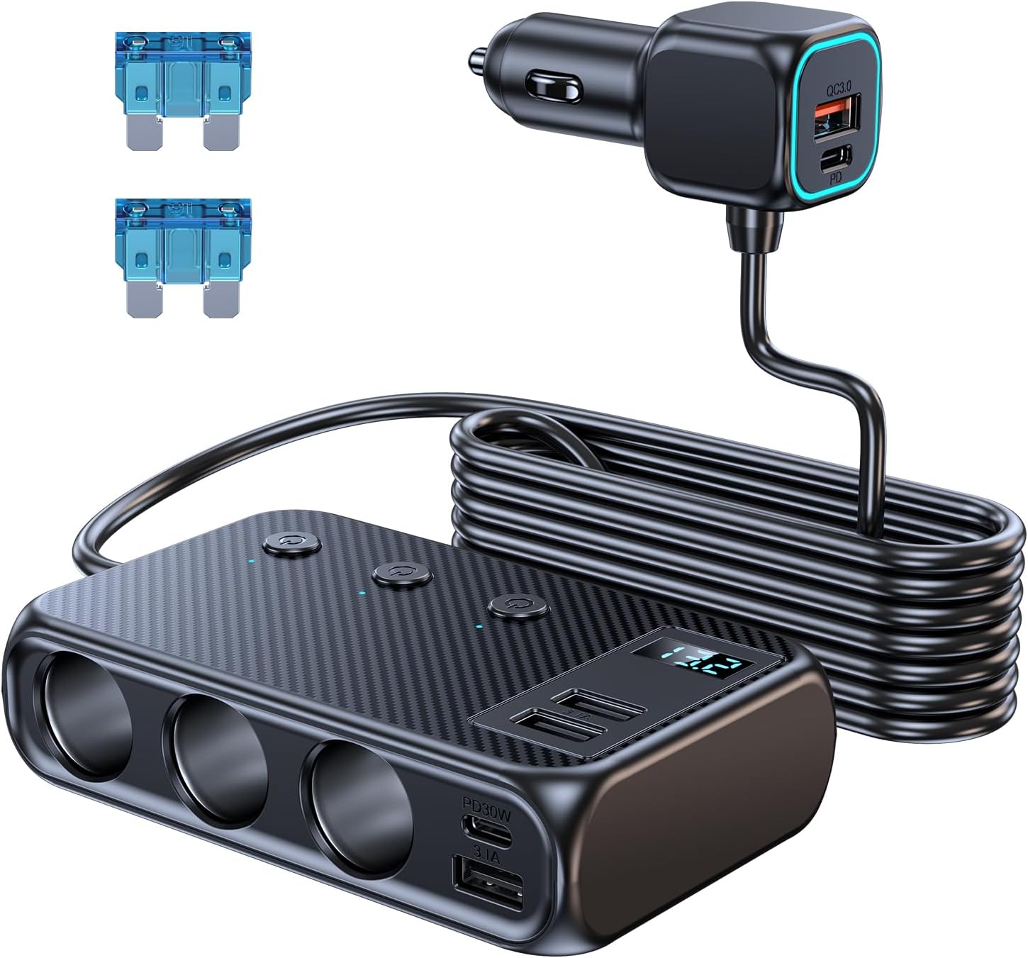 Car Cigarette Lighter USB Charger, 9 in 1 Cigarette Lighter Adapter Splitter Multi Socket, 171W Car Charger Adapter 12V/24V DC Outlet with Voltmeter Fast Charging For Phone Laptop Car Devices