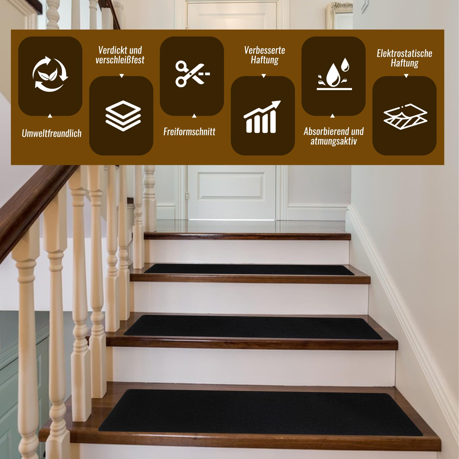 Bandes antidérapantes pour marches d'escalier - 80 x 20 cm - Noir - Durable et confortable - Antidérapantes - Sécurité pour une utilisation en intérieur - Idéal pour la maison, le bureau et la