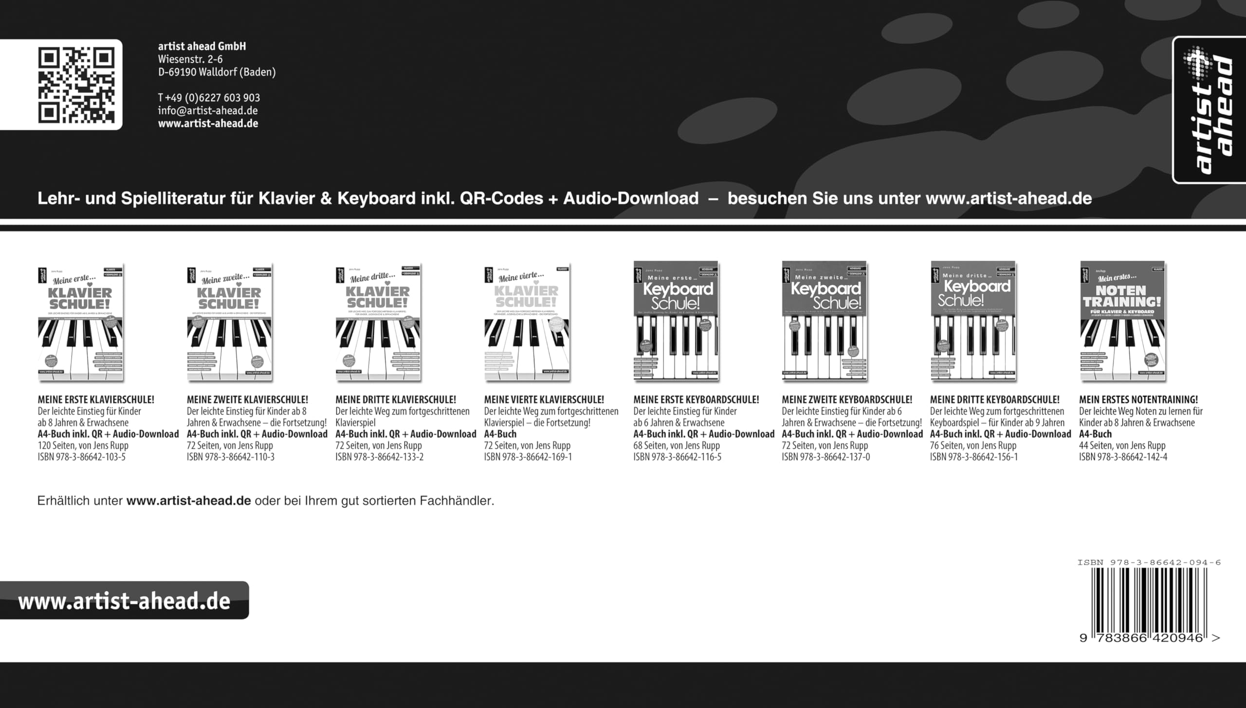 Klaviatur: Ausklappbare Klaviertastatur mit 88 Tasten von A'' bis c''''', mit Notennamen, Notensystem und chromatischer Tonleiter (360g-Kartonpapier).