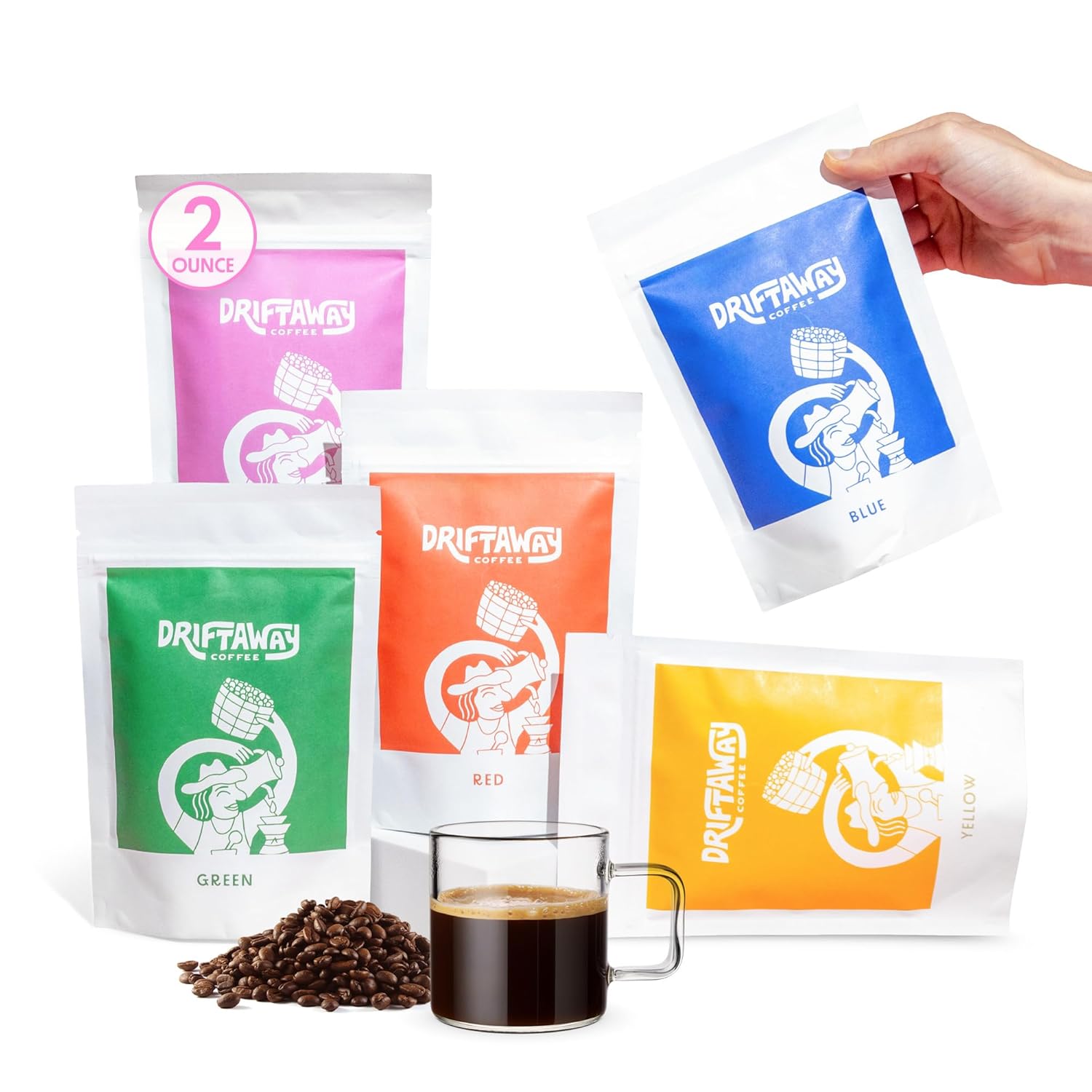 Driftaway Coffee Explorer Box, 1 Pack Coffee Tasting Kit - Single-Origin Beans from Around the World - 5 Fresh Roasts - Sustainable Sourcing, Small-Scale Farmers - Gourmet Coffee Variety Gift Set (Whole Bean, 2 Ounce (Pack of 5)) Whole Bean 10 Ounce (Pack of 1)