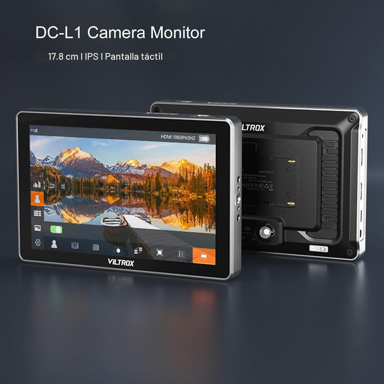 VILTROX DC-L1 7" Monitor de Campo con Pantalla táctil para cámara, Entrada/Salida HDMI 4K 60 Hz, Brillo de 600 nits, resolución 1280x800 con LUT 3D,Parasol y batería, peaking, Falso Color