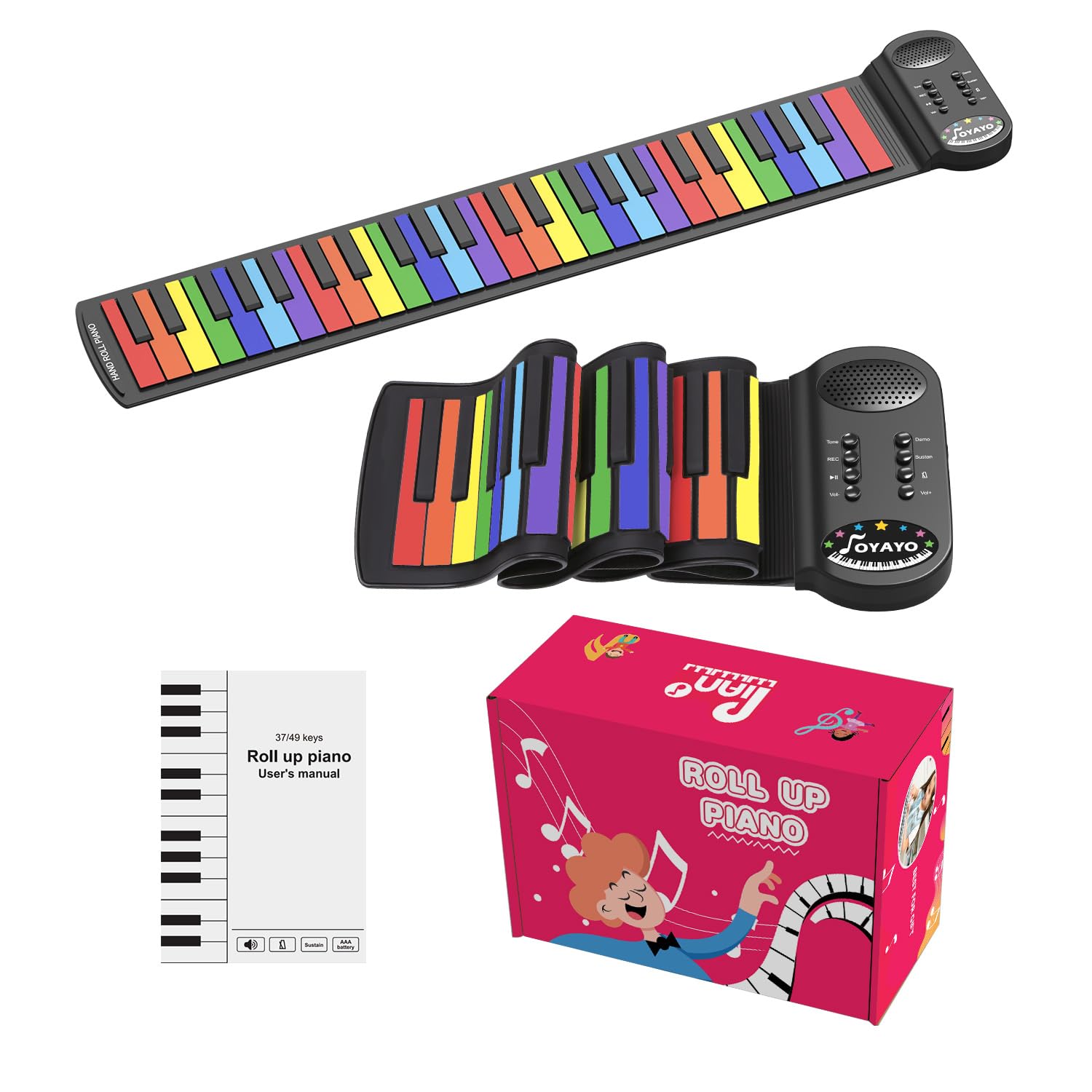 49 tasti Roll up pianoforte pieghevole per principianti, tastiera elettronica arcobaleno con 8 toni 6 demo, ricaricabile in silicone, mini pianoforte con registrazione modalità monitor