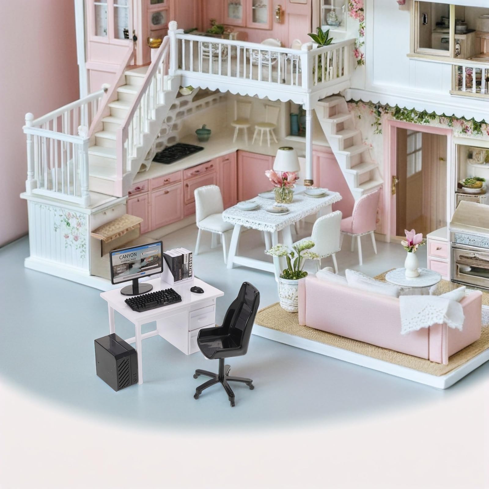 Balacoo Set di 2 set di scrivania per computer in miniatura, scala 1:12 | Accessori per mobili per casa delle bambole con computer, tavolo, sedia, tastiera, mouse, monitor libri, CPU